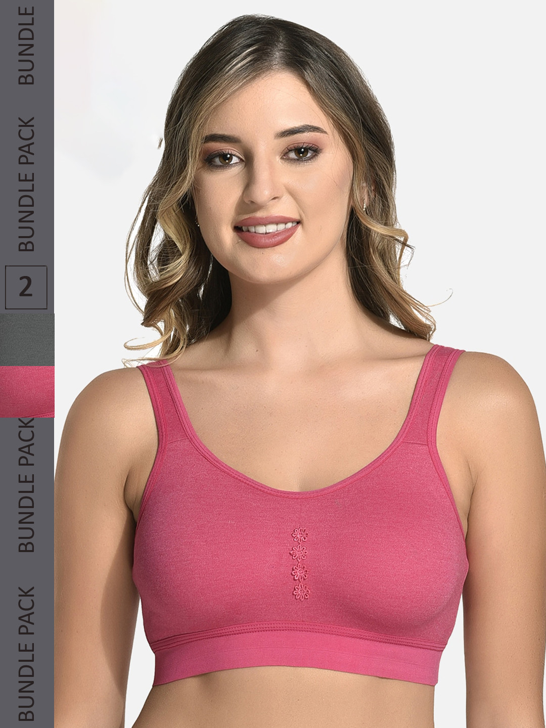 

StyFun Pack Of 2 Non Padded Seamless All Day Comfort Dry Fit Sports Workout Bra, Pink