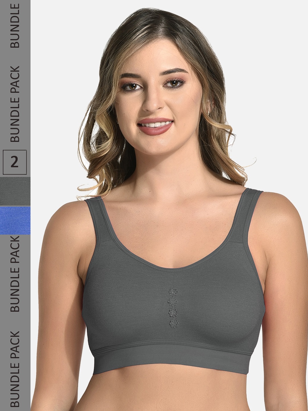 

StyFun Pack Of 2 Non Padded Dry Fit Cotton All Day Comfort Sports Bra, Grey