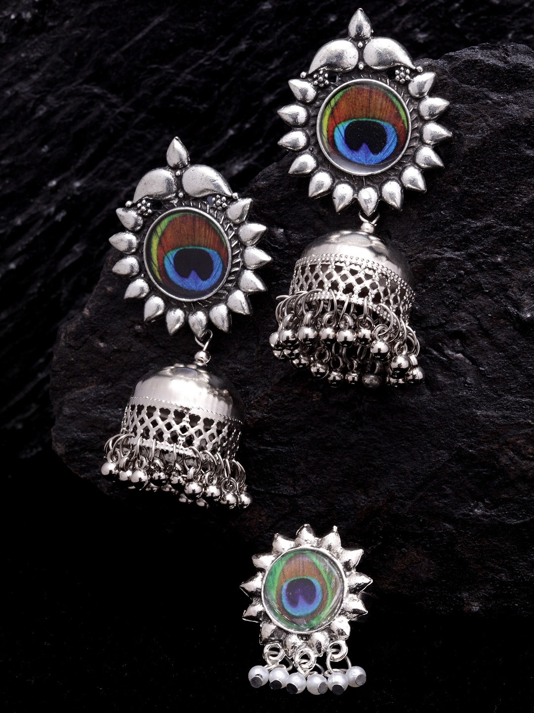 

PANASH Oxidized Silver-Plated Meenakari Dome Shaped Earrings with Ring