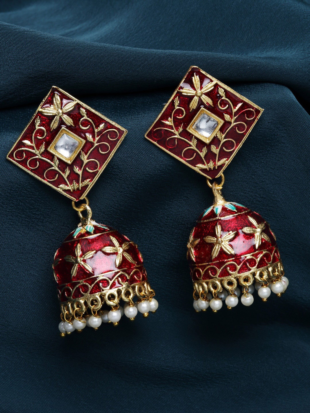 

PANASH Gold Plated Dome Shaped Enamelled Jhumka Earrings, Red