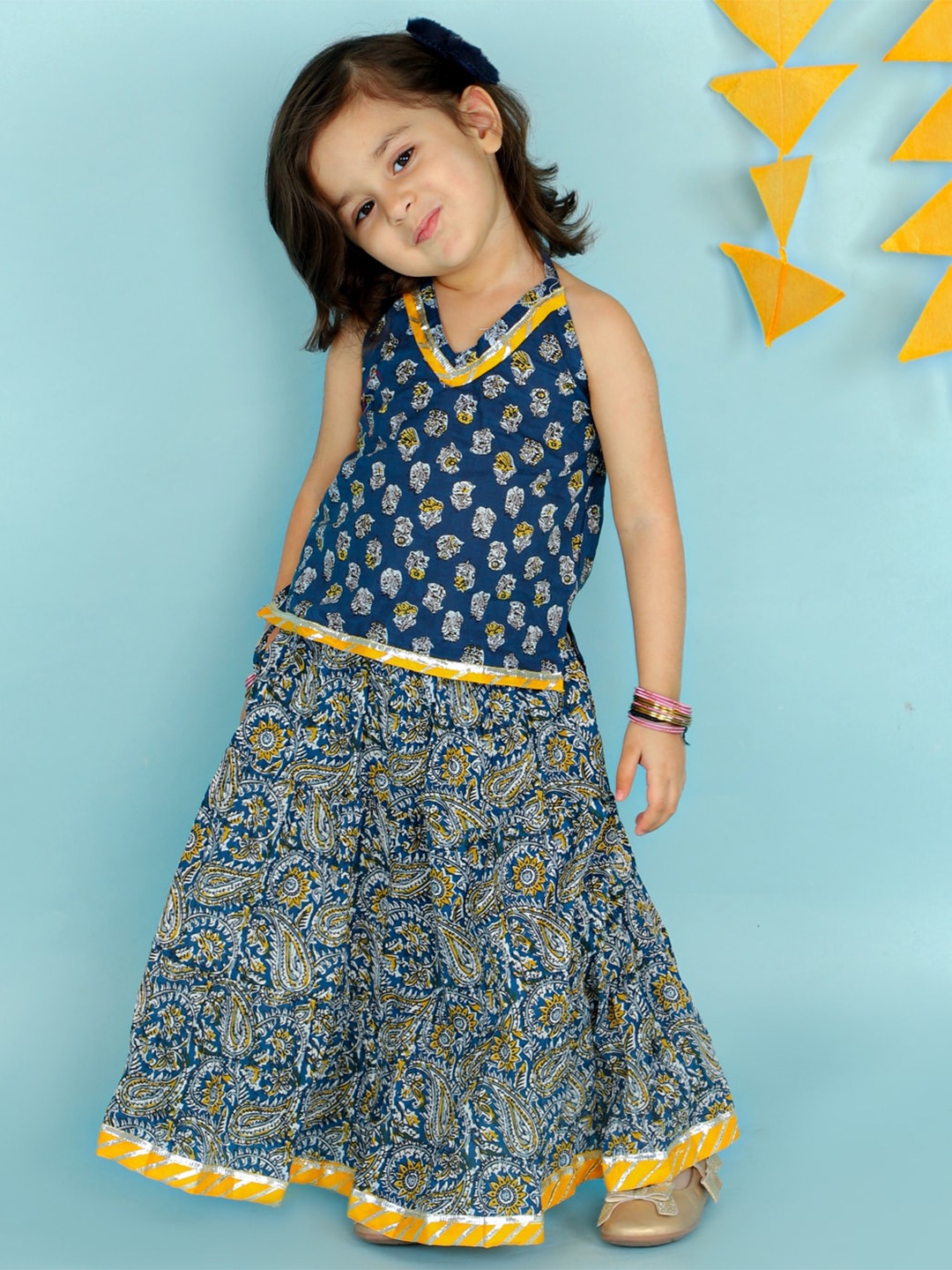 

KID1 Girls Printed Gotta Patti Cotton Ready to Wear Lehenga Set, Blue