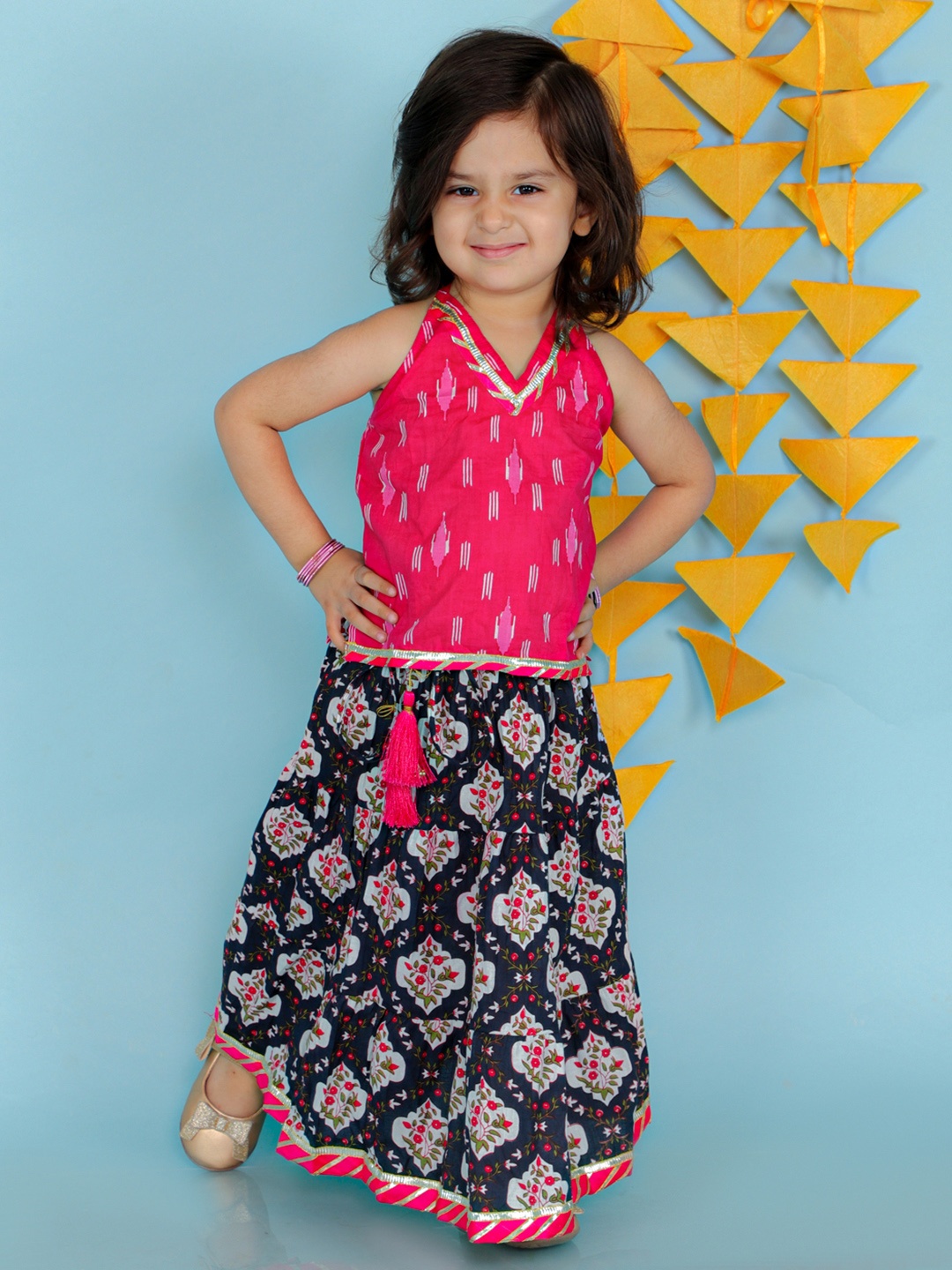 

KID1 Girls Printed Gotta Patti Cotton Ready to Wear Lehenga Set, Pink