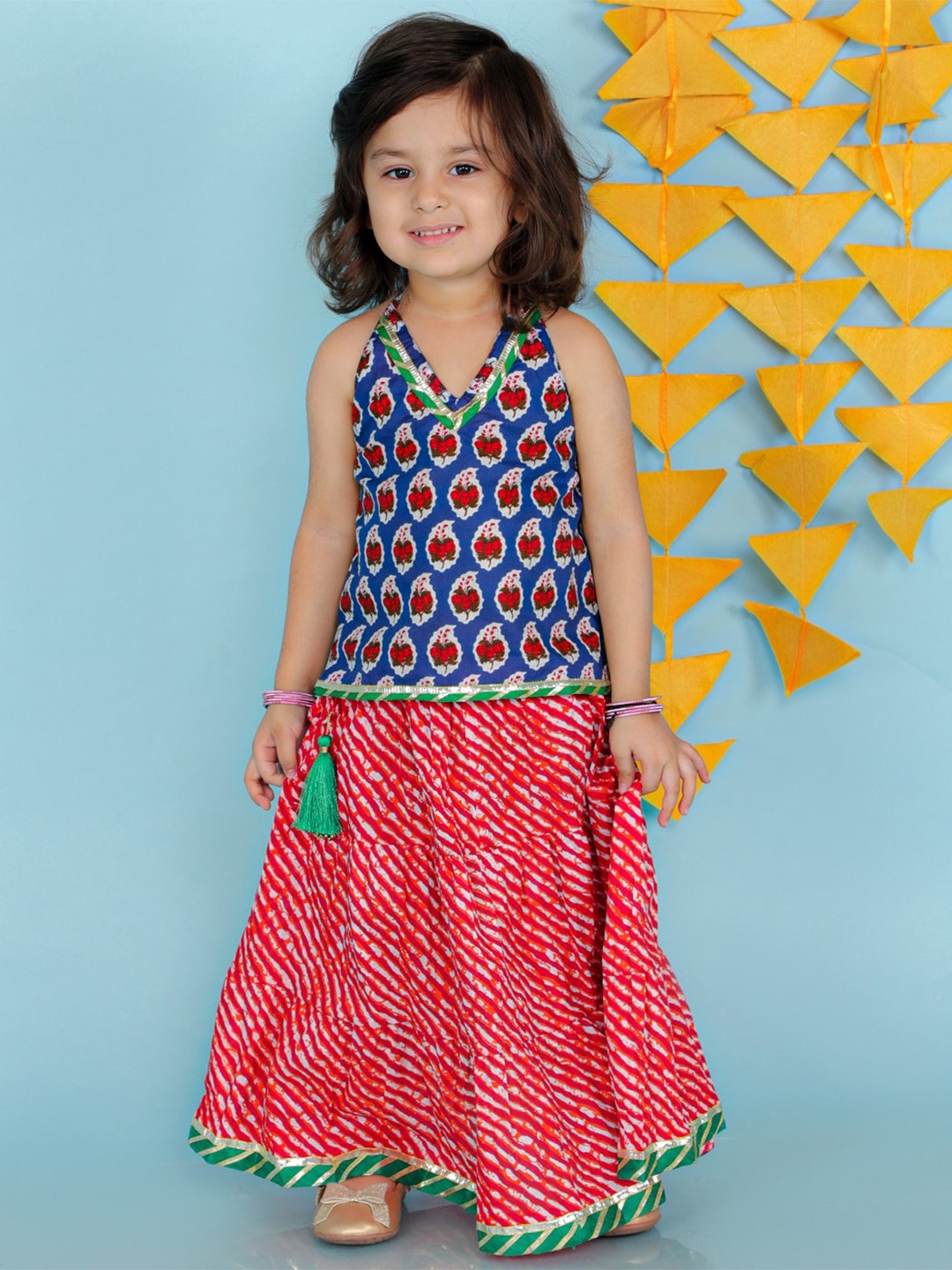 

KID1 Girls Printed Gotta Patti Cotton Ready to Wear Lehenga Set, Blue