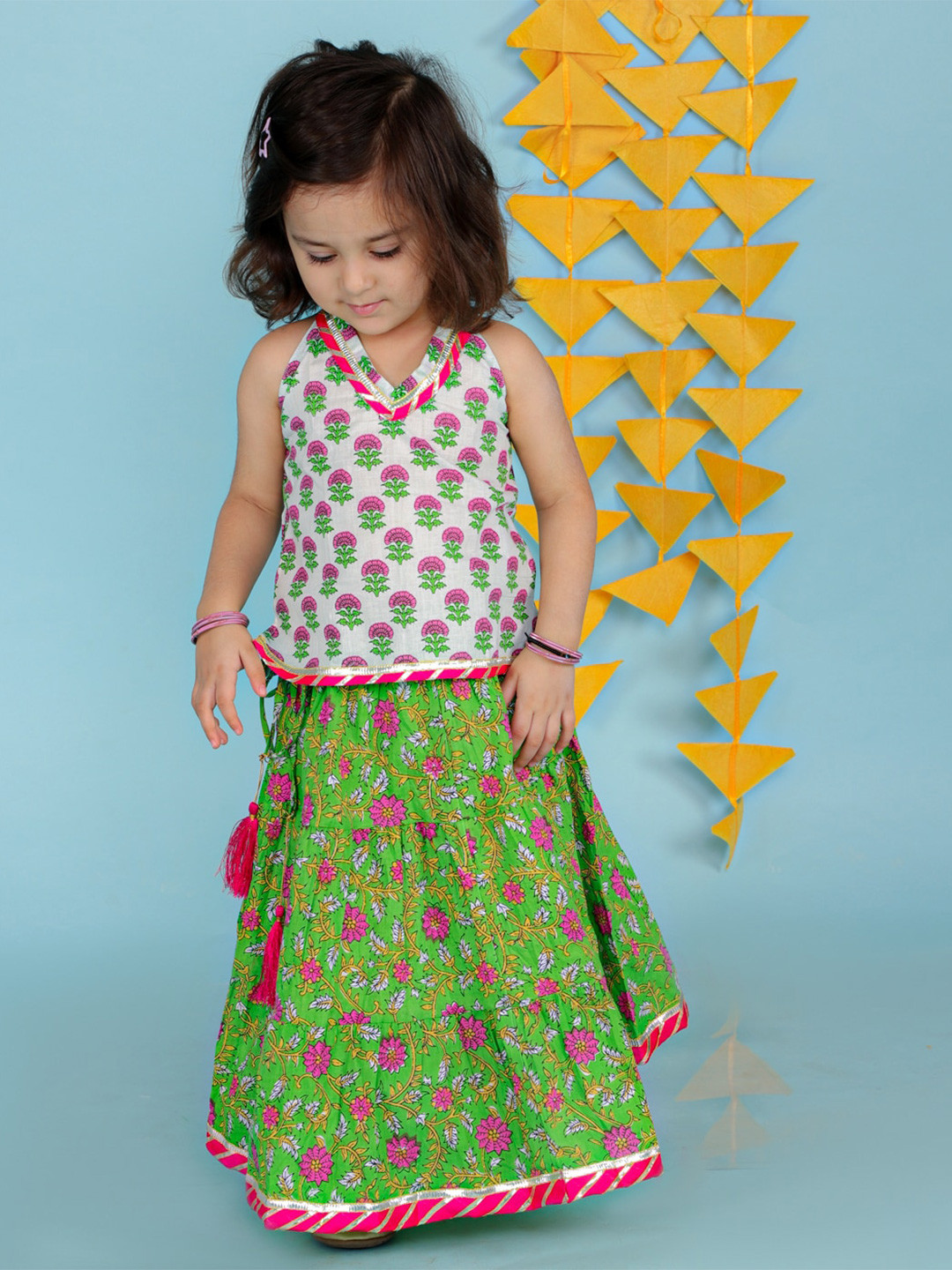

KID1 Girls Printed Ready to Wear Gotta Patii Cotton Lehenga & Blouse, White