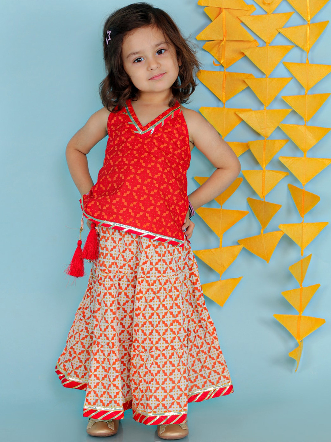 

KID1 Girls Printed Ready to Wear Gotta Patii Cotton Lehenga & Blouse, Red