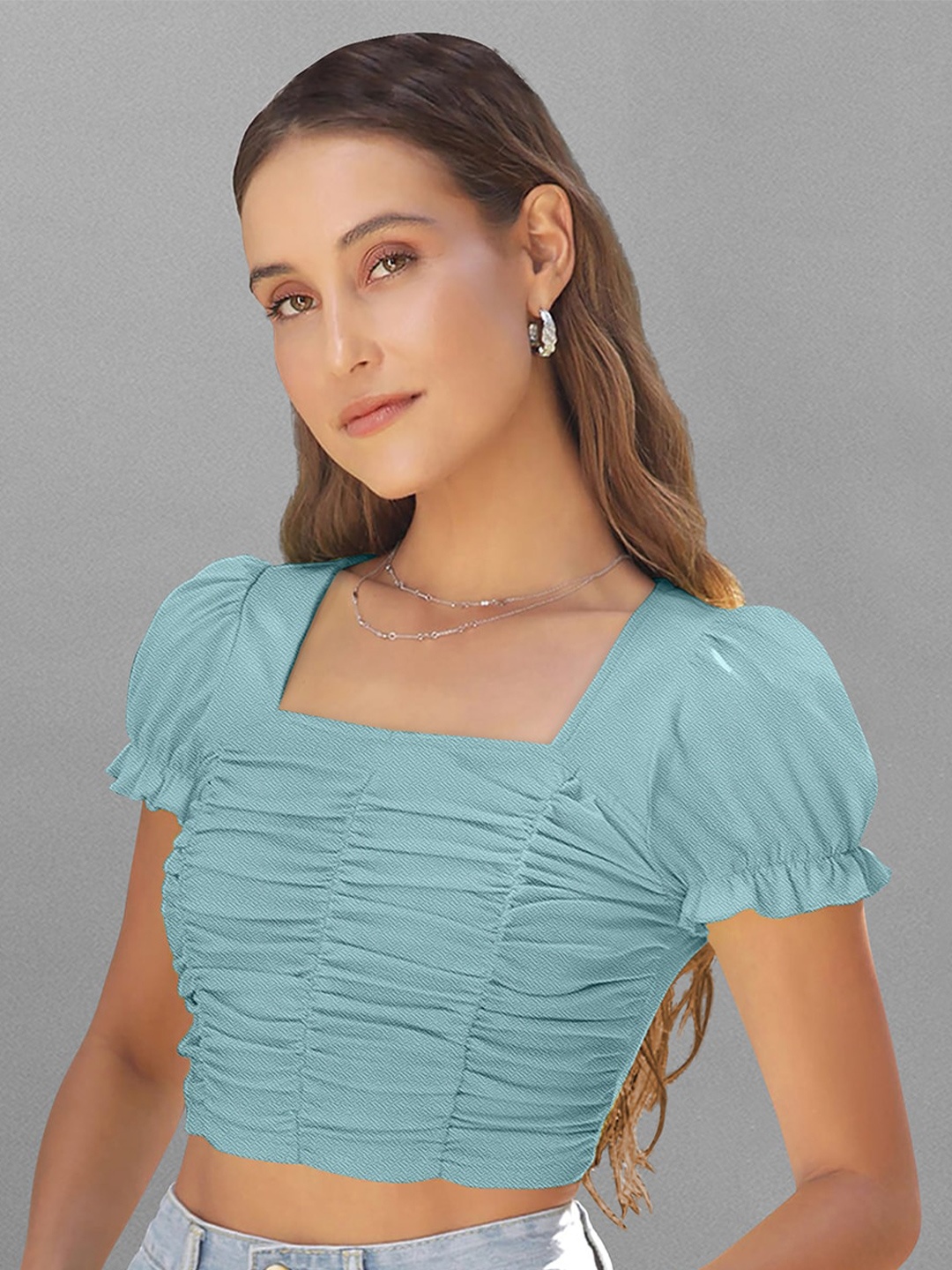 

LONDON BELLY Puffed Sleeves Smocking Crop Top, Turquoise blue