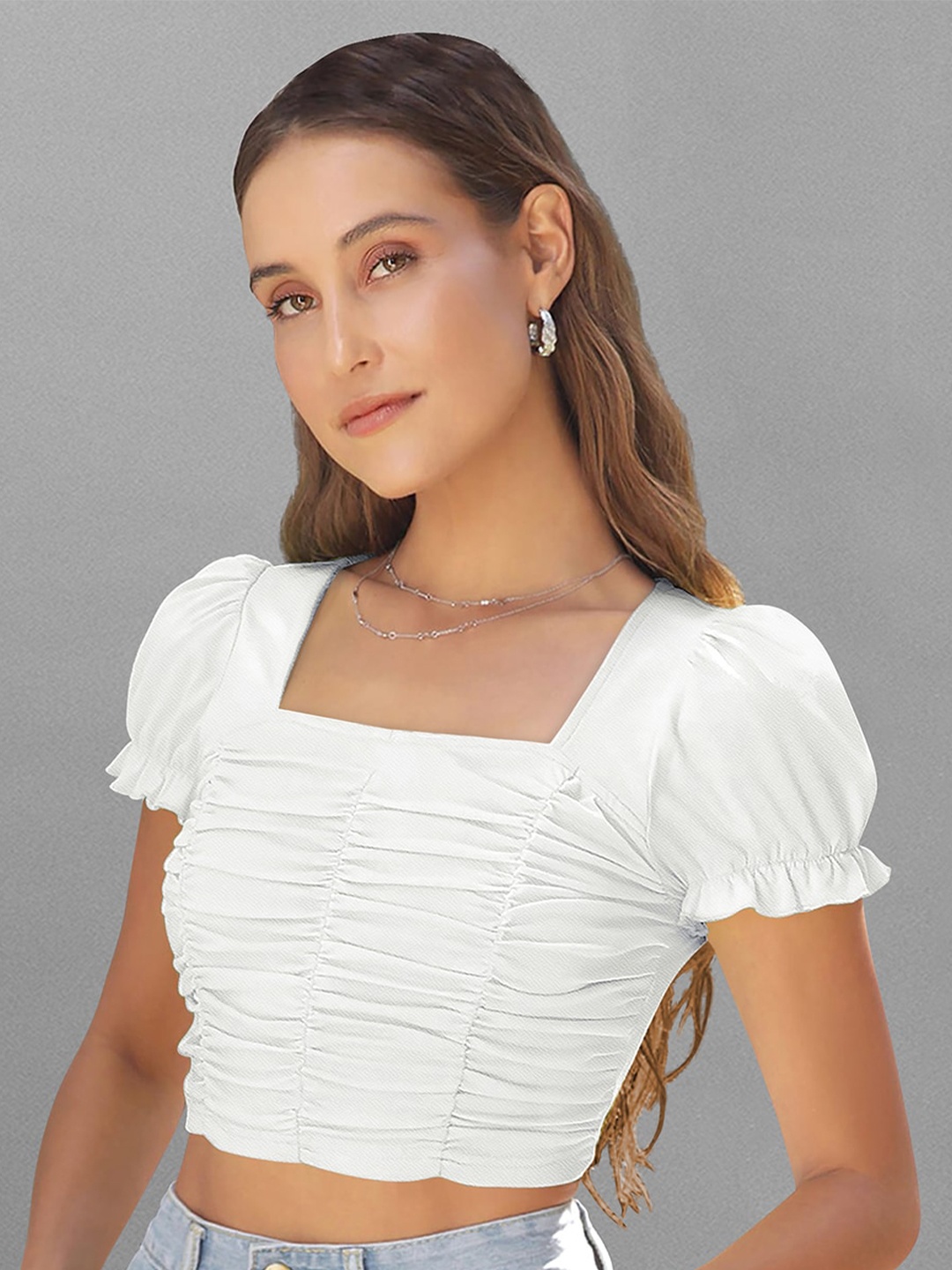 

LONDON BELLY Puffed Sleeves Smocking Crop Top, White