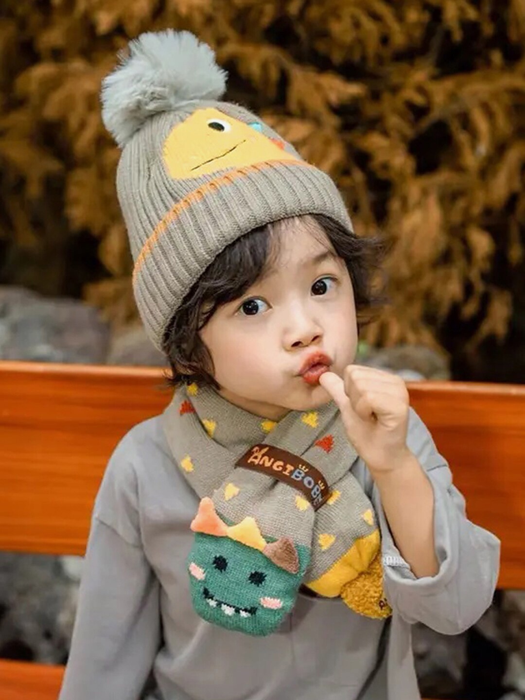 

Little Surprise Box LLP Kids Knitted Winter Wool Patterned Mufflers With Cap, Grey
