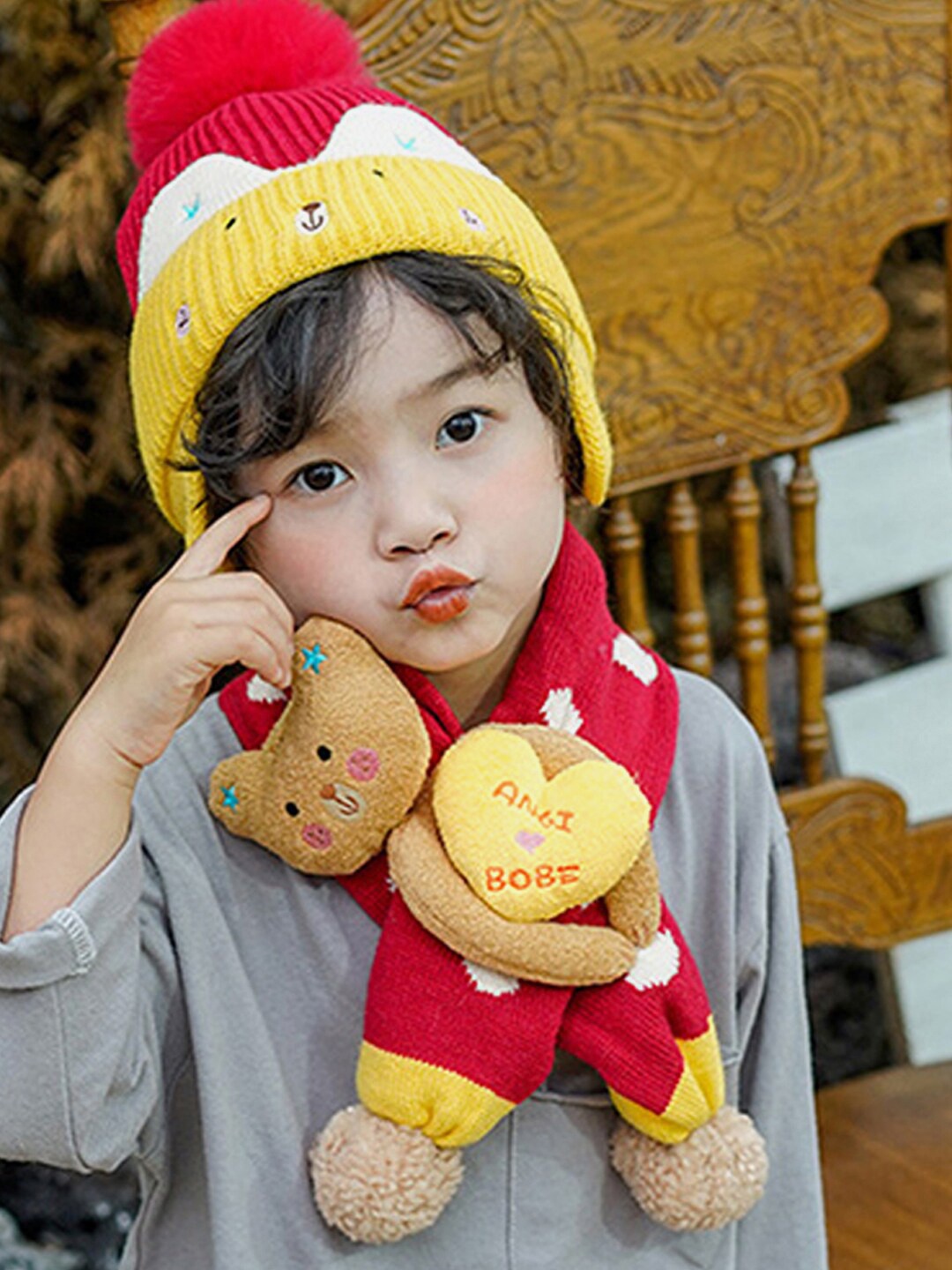 

Little Surprise Box LLP Kids Knitted Winter Patterned Wool Mufflers With Cap, Red