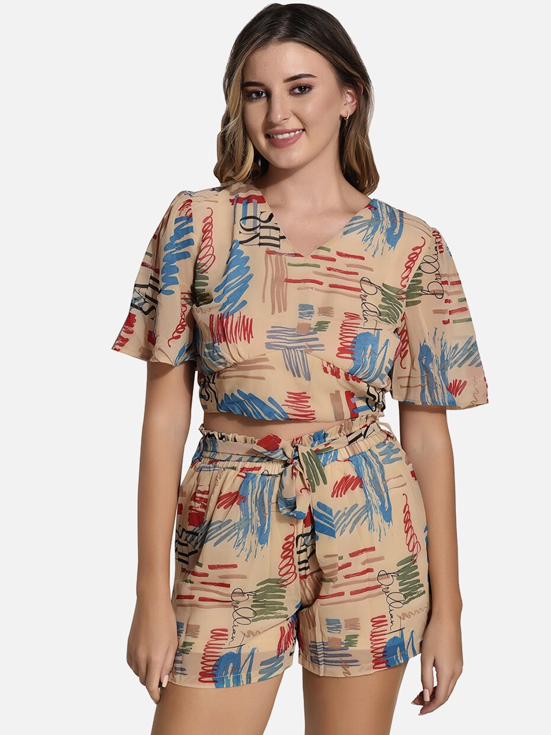 StyFun Women Printed Top & Shorts, Beige