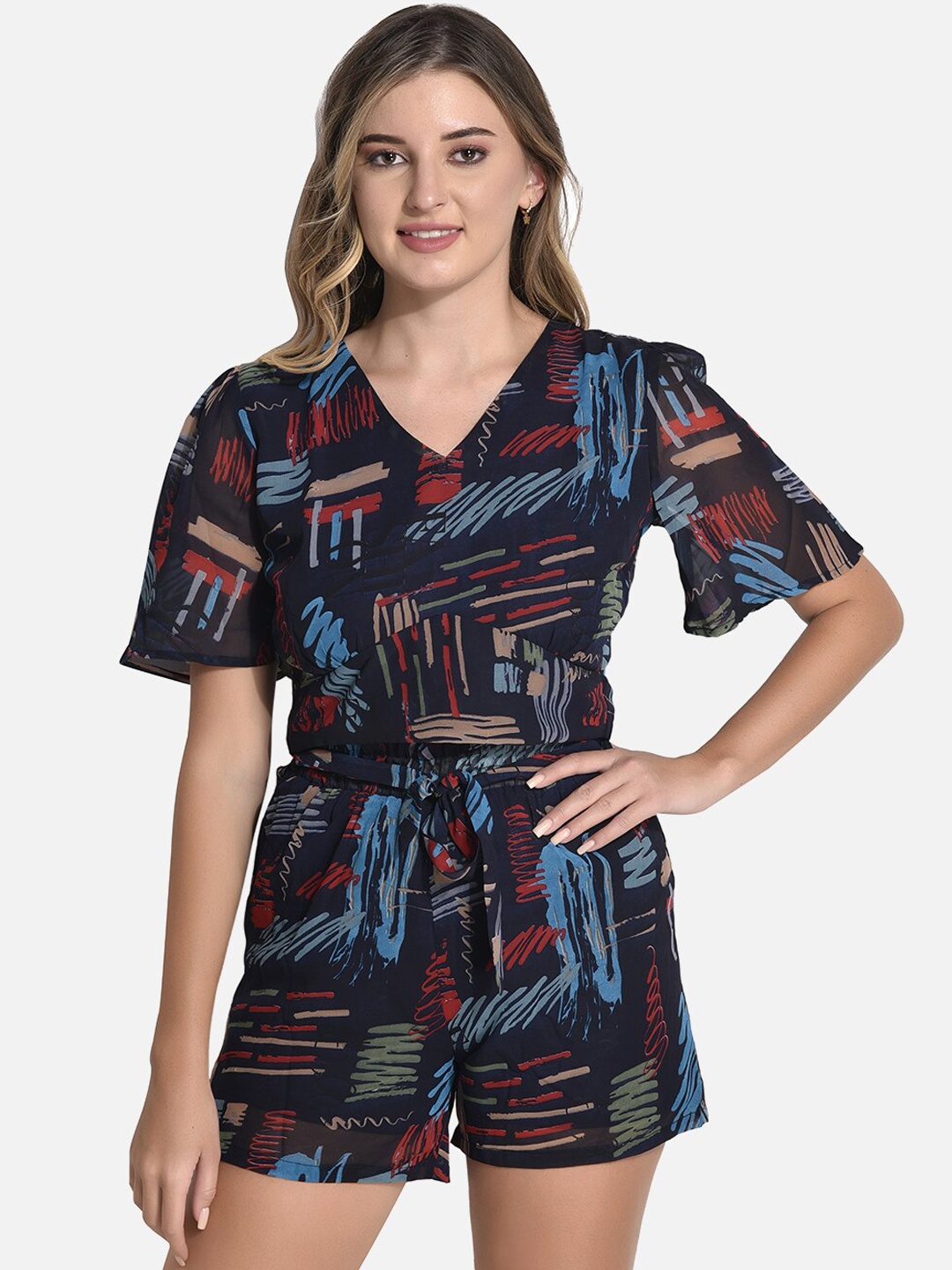 

StyFun Women Printed V-Neck Top & Shorts, Blue