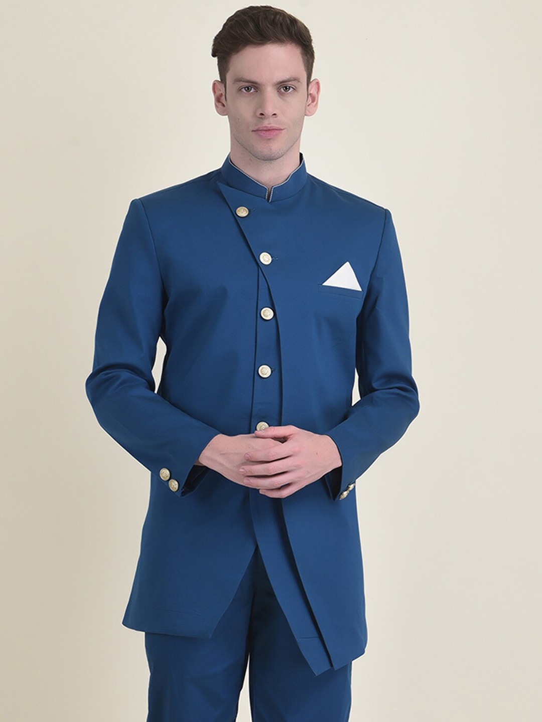 

HOUSE OF DEYANN Men Solid Mandarin Collar Sherwani Set, Navy blue