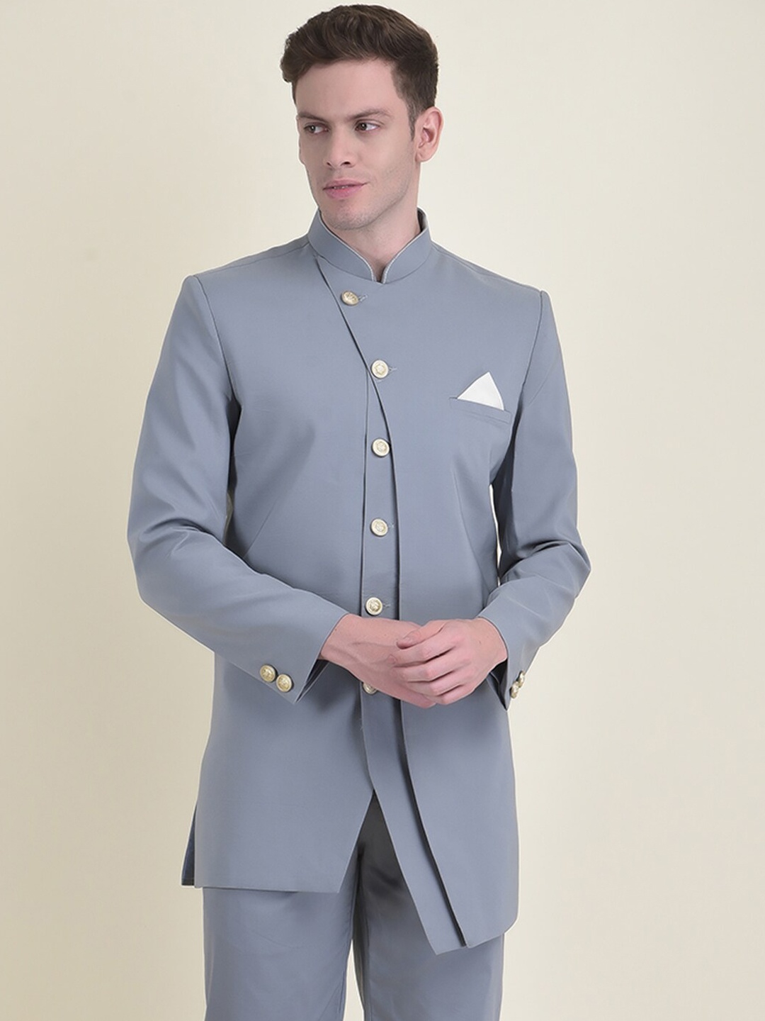 

HOUSE OF DEYANN Men Solid Mandarin Collar Sherwani Set, Grey