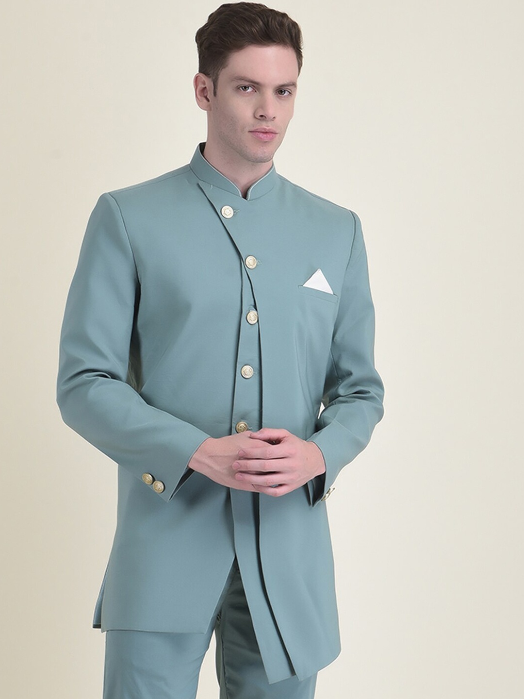 

HOUSE OF DEYANN Men Solid Mandarin Collar Sherwani Set, Sea green