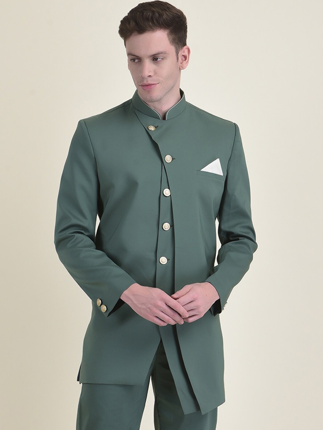 

HOUSE OF DEYANN Men Solid Mandarin Collar Sherwani Set, Sea green