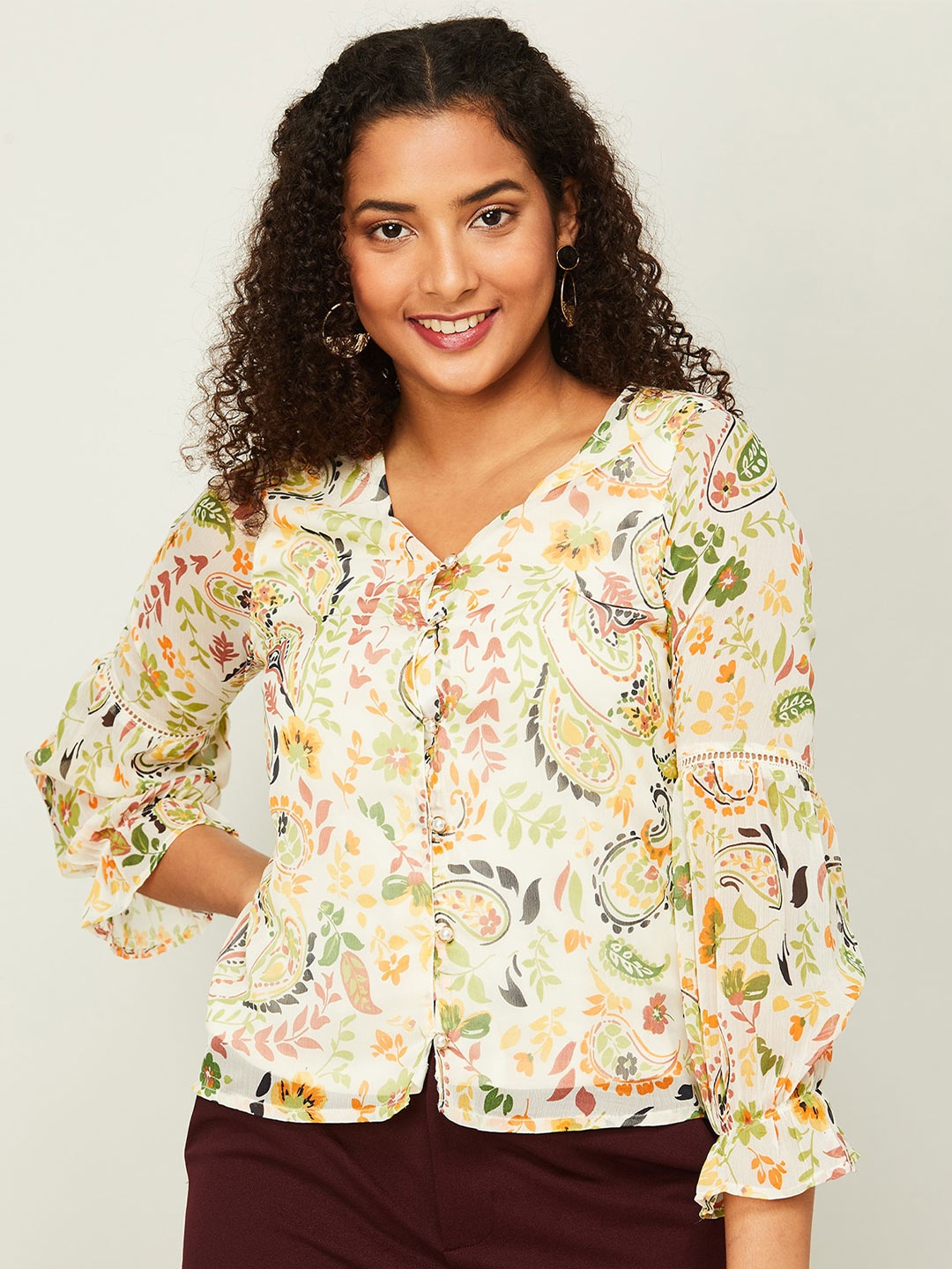 

CODE by Lifestyle Floral Printed Bell Sleeve Shirt Style Top, White