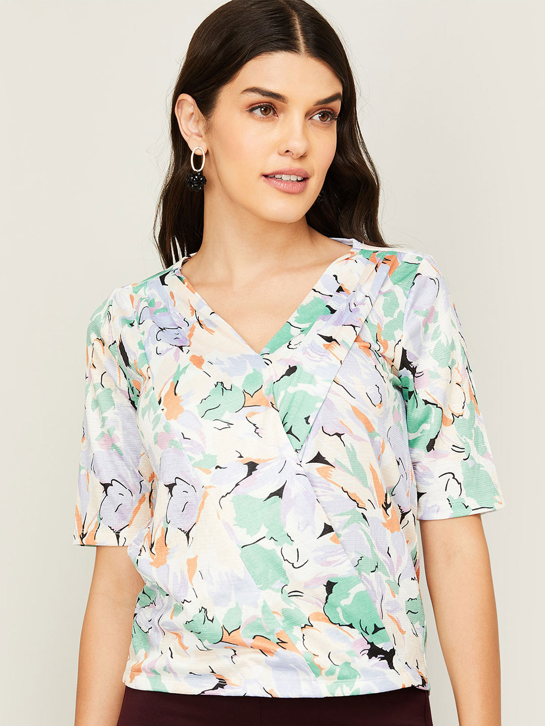

CODE by Lifestyle V-Neck Floral Printed Wrap Top, White