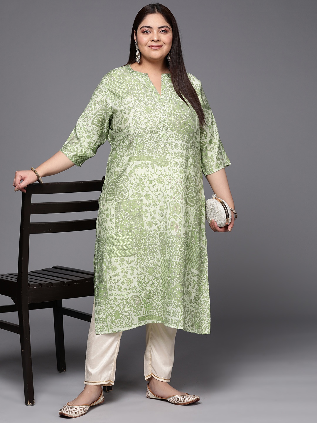 

EXTRA LOVE BY LIBAS Plus Size Floral Printed Kurta, Green