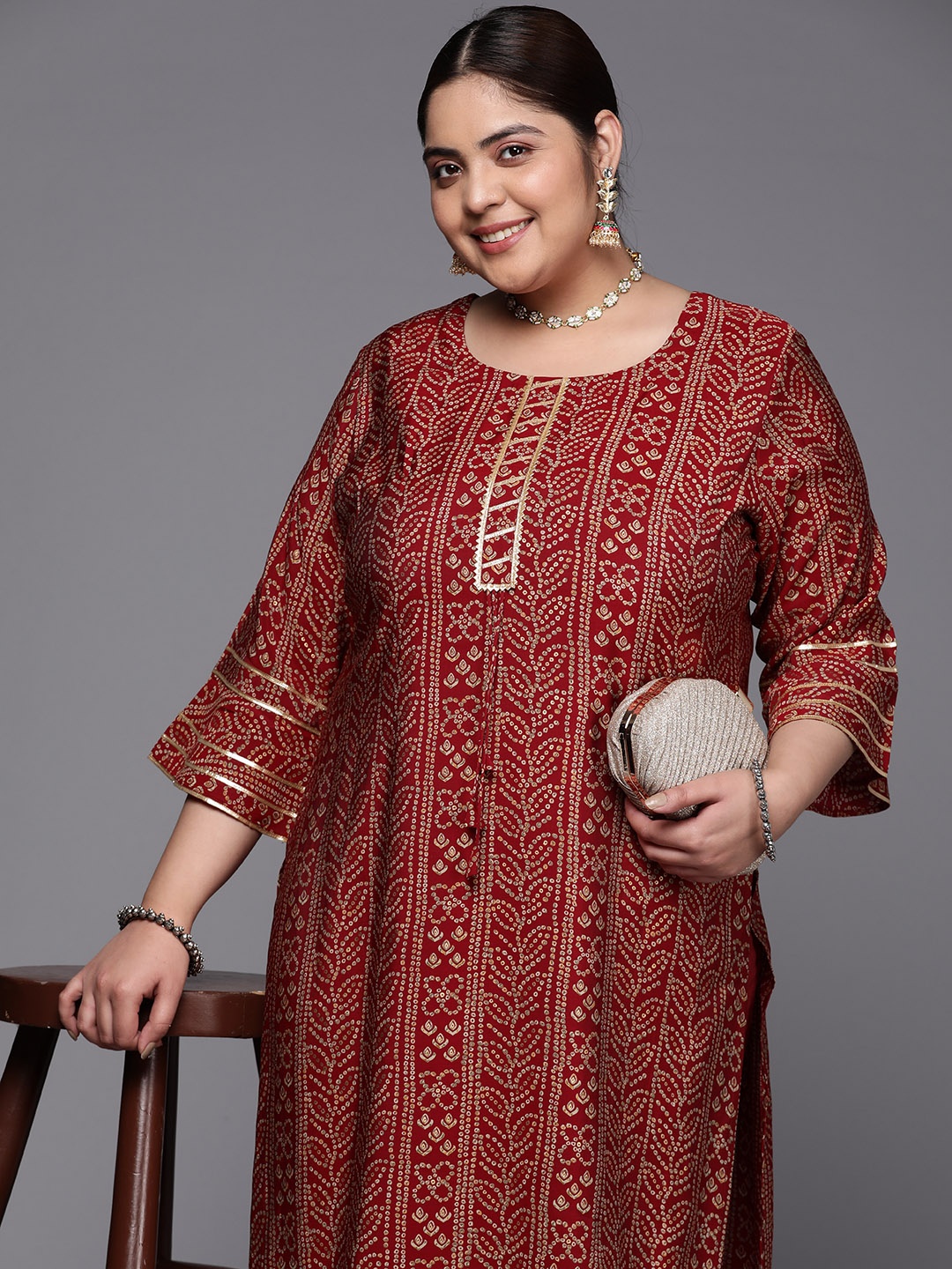 

EXTRA LOVE BY LIBAS Plus Size Bandhani Printed Bell Sleeves Gotta Patti Kurta, Maroon
