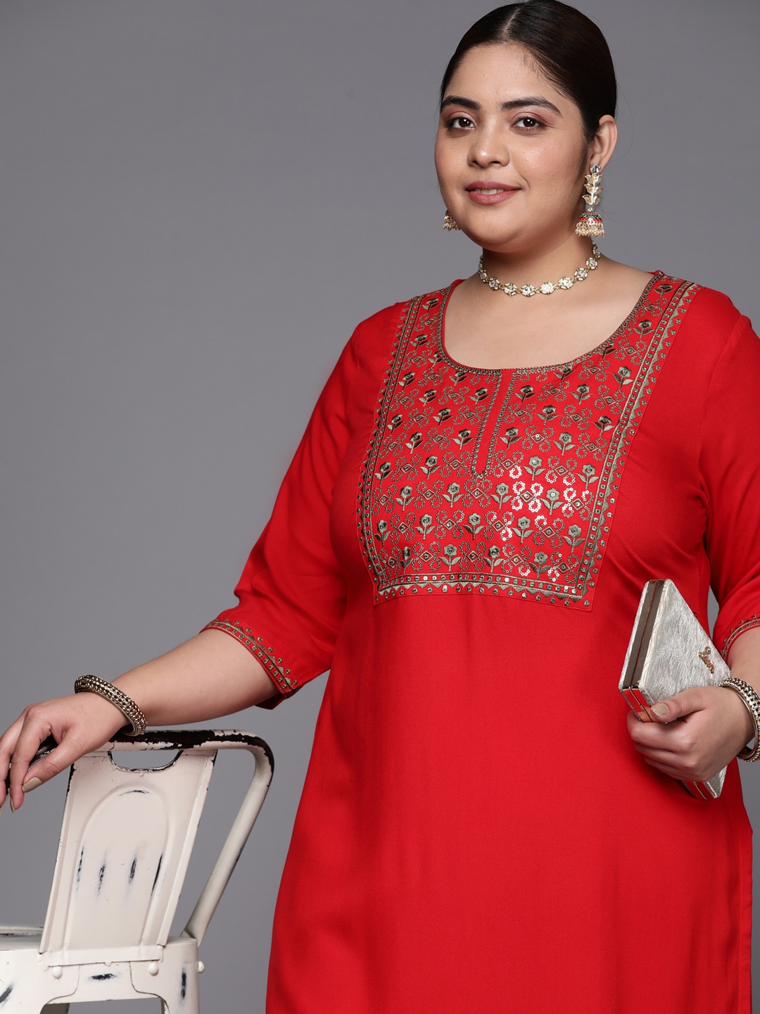 

EXTRA LOVE BY LIBAS Plus Size Floral Yoke Design Kurta, Red