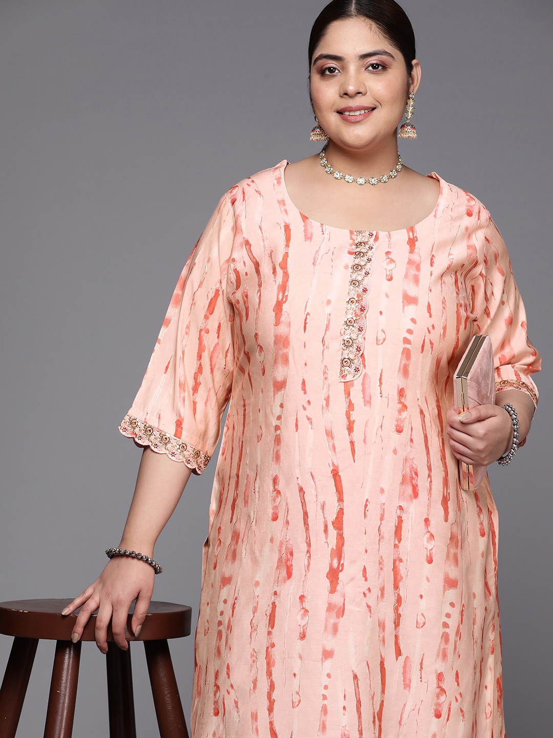 EXTRA LOVE BY LIBAS Plus Size Abstarct Printed Kurta, Peach