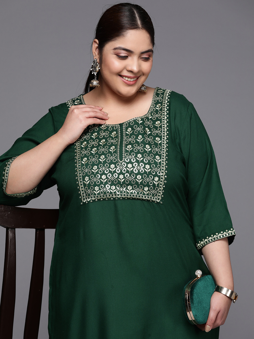 

EXTRA LOVE BY LIBAS Plus Size Floral Yoke Design Kurta, Green
