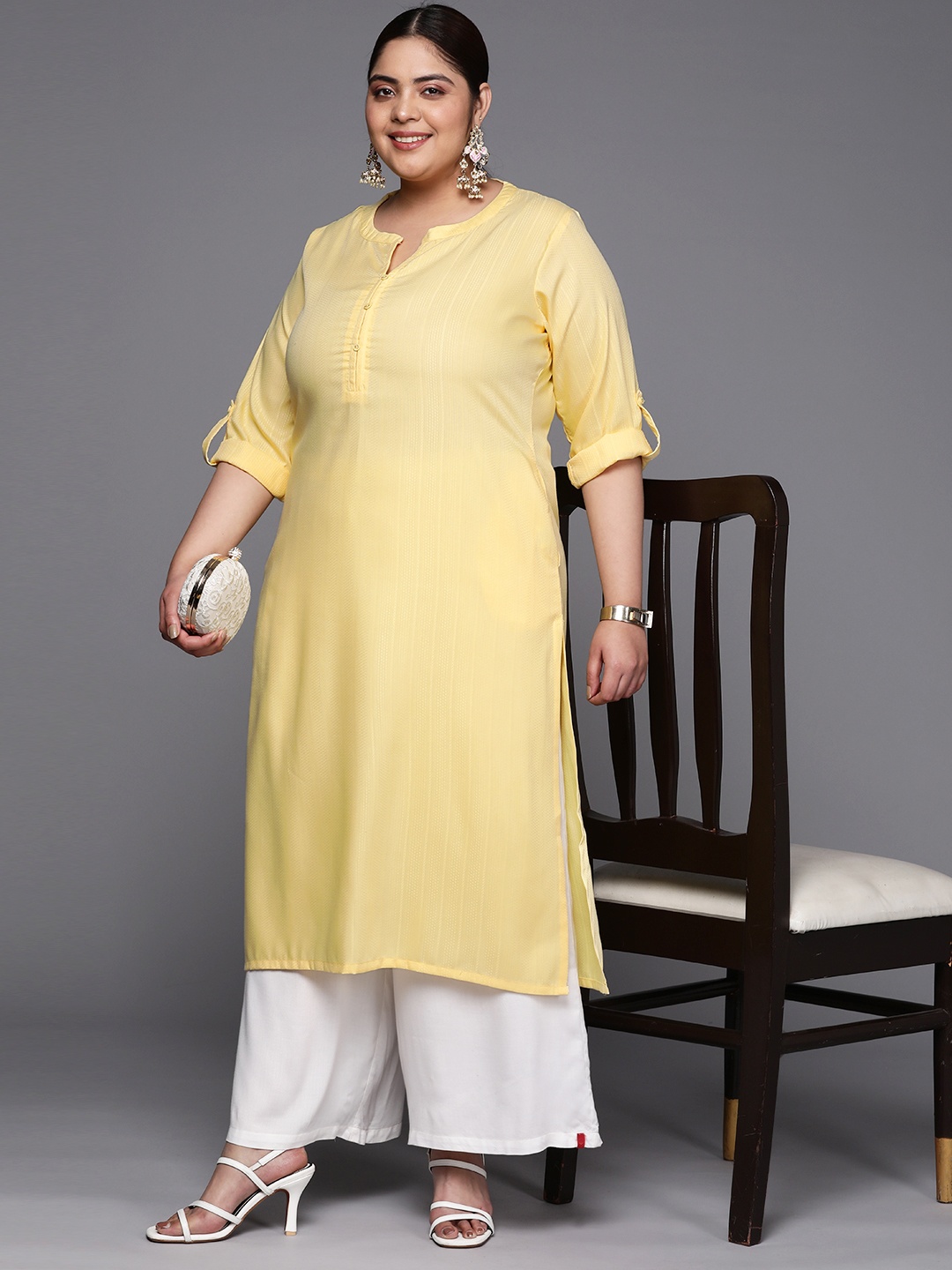 

EXTRA LOVE BY LIBAS Plus Size Mandarin Collar Kurta, Yellow