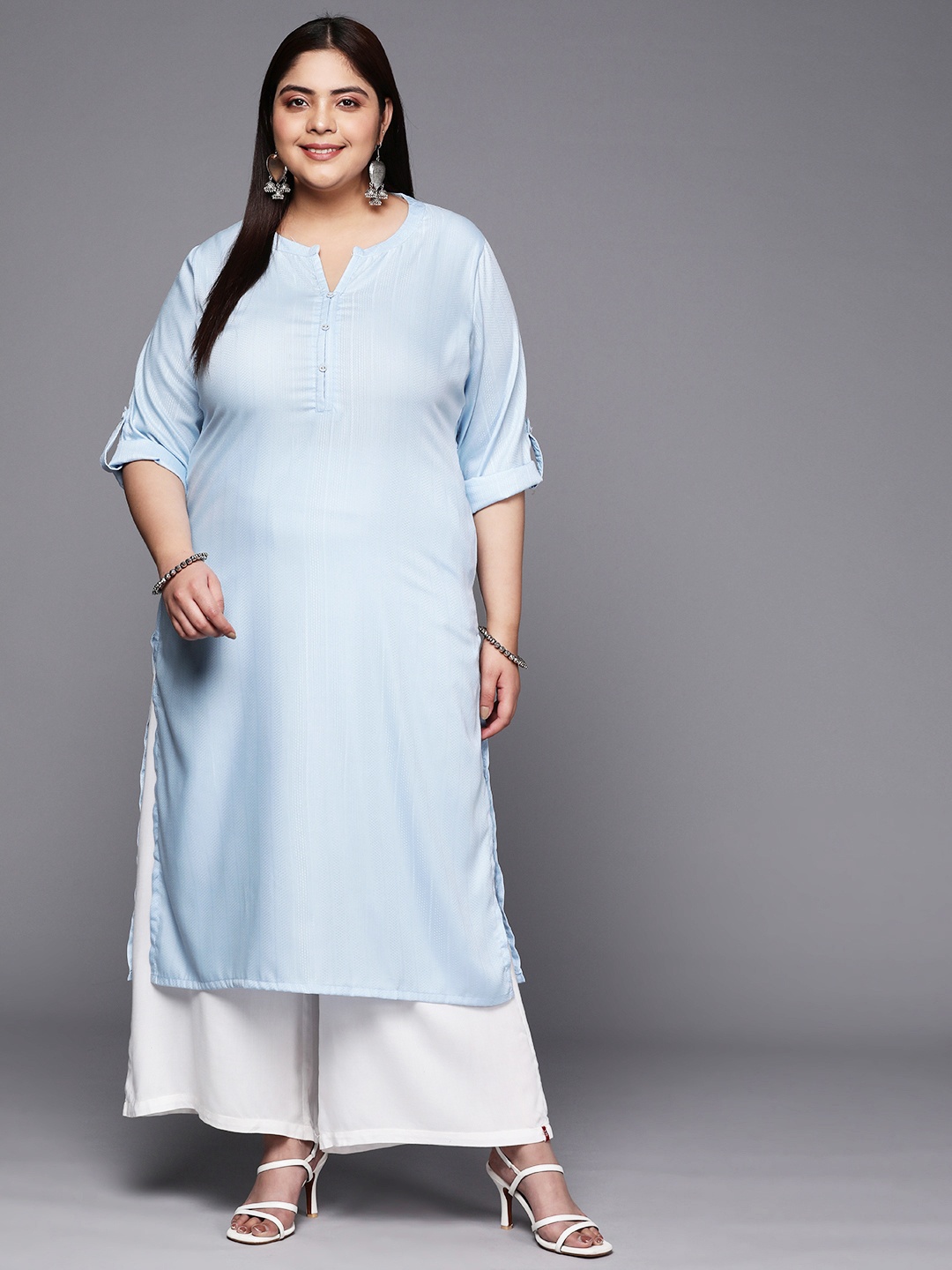 EXTRA LOVE BY LIBAS Plus Size Mandarin Collar Kurta, Blue