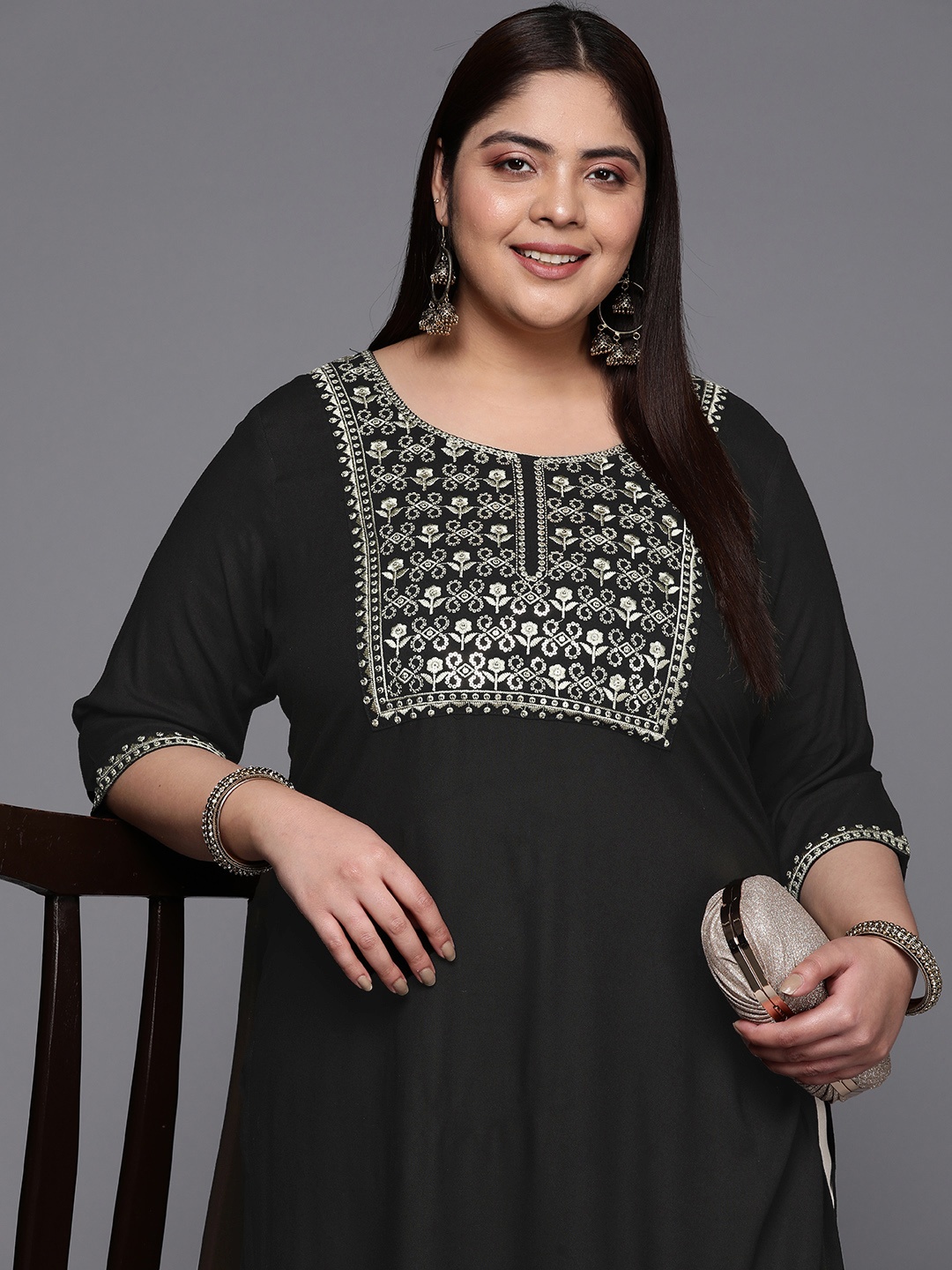 

EXTRA LOVE BY LIBAS Plus Size Floral Yoke Design Kurta, Black