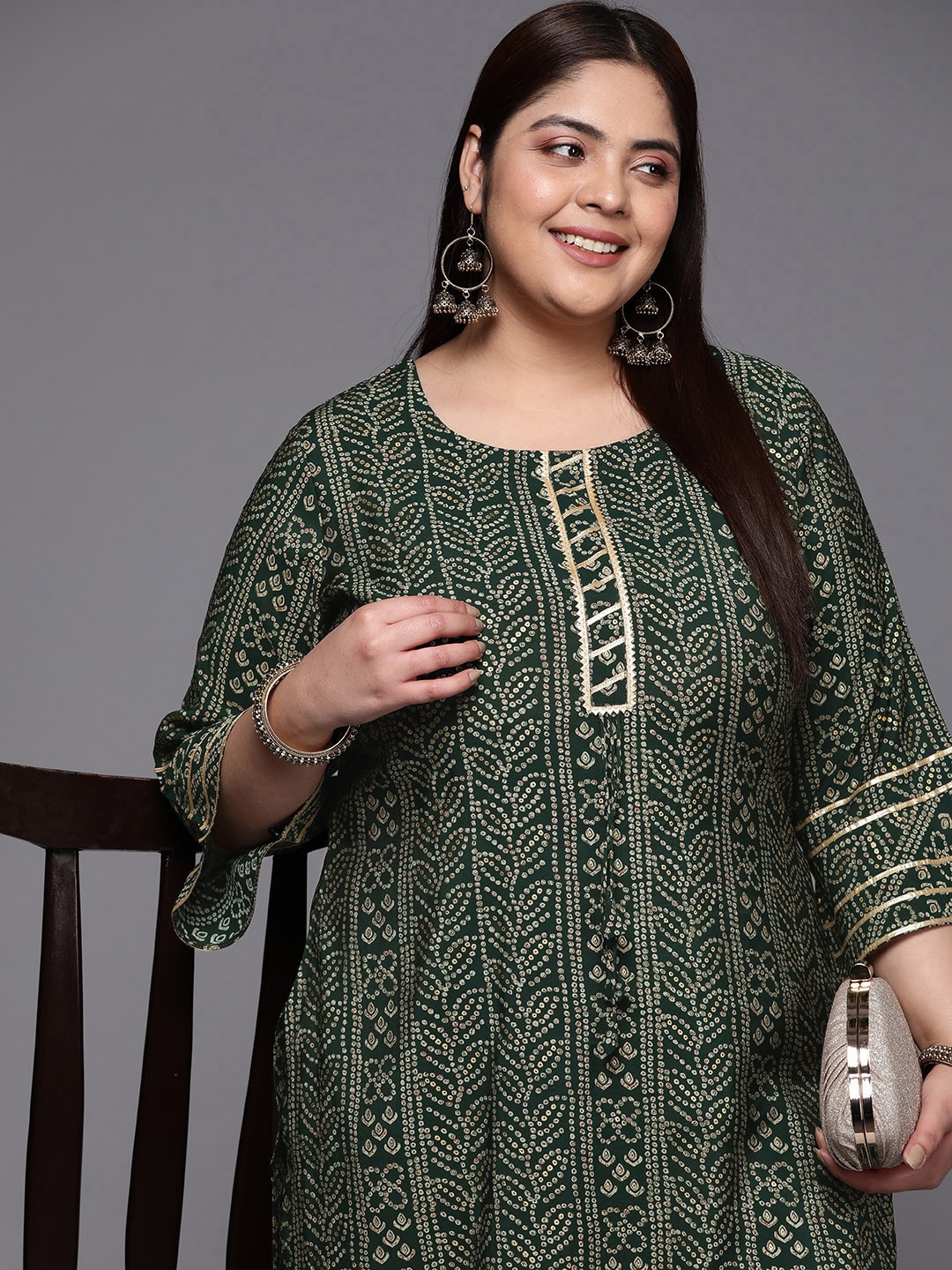 

EXTRA LOVE BY LIBAS Plus Size Bandhani Printed Bell Sleeves Gotta Patti Kurta, Green