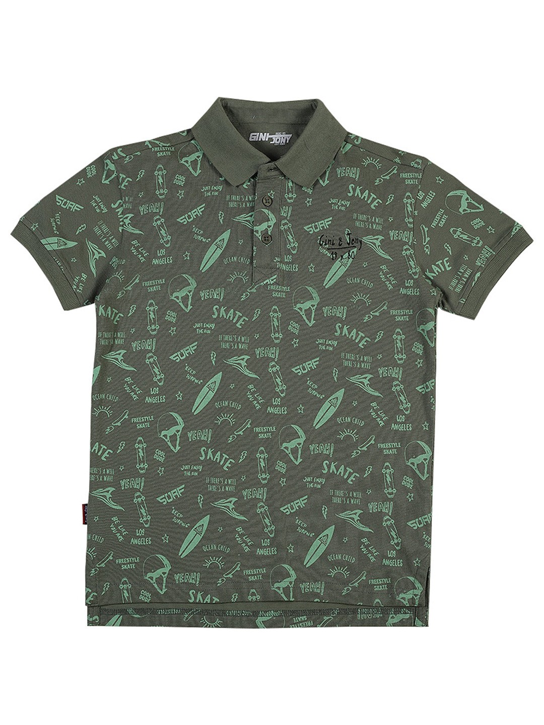

Gini and Jony Boys Typography Printed Polo Collar Cotton T-shirt, Olive