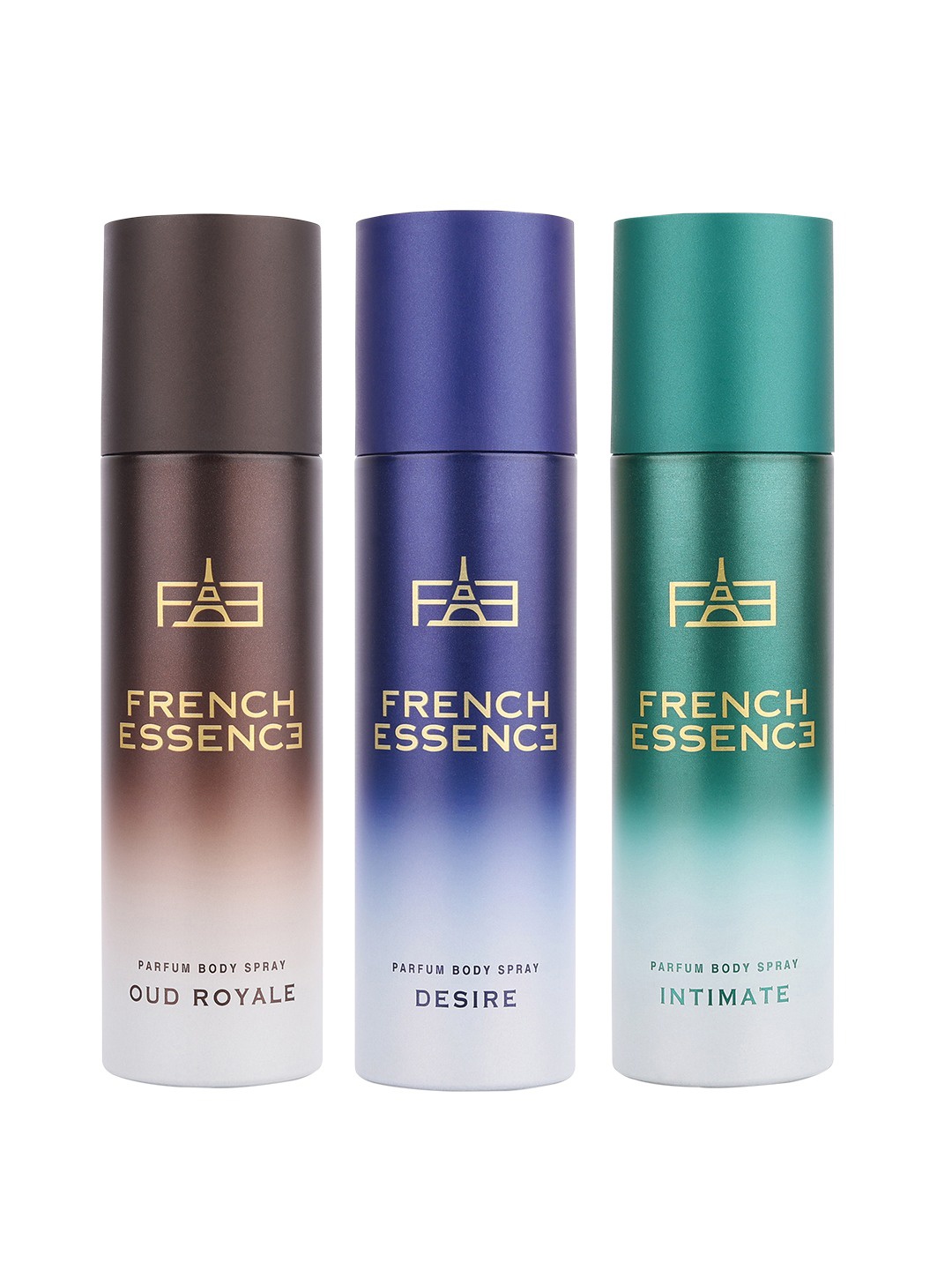 

FRENCH ESSENCE Set Of 3 Intimate - Desire & Oud Royal No Gas Deodorants - 120 ml Each, Green