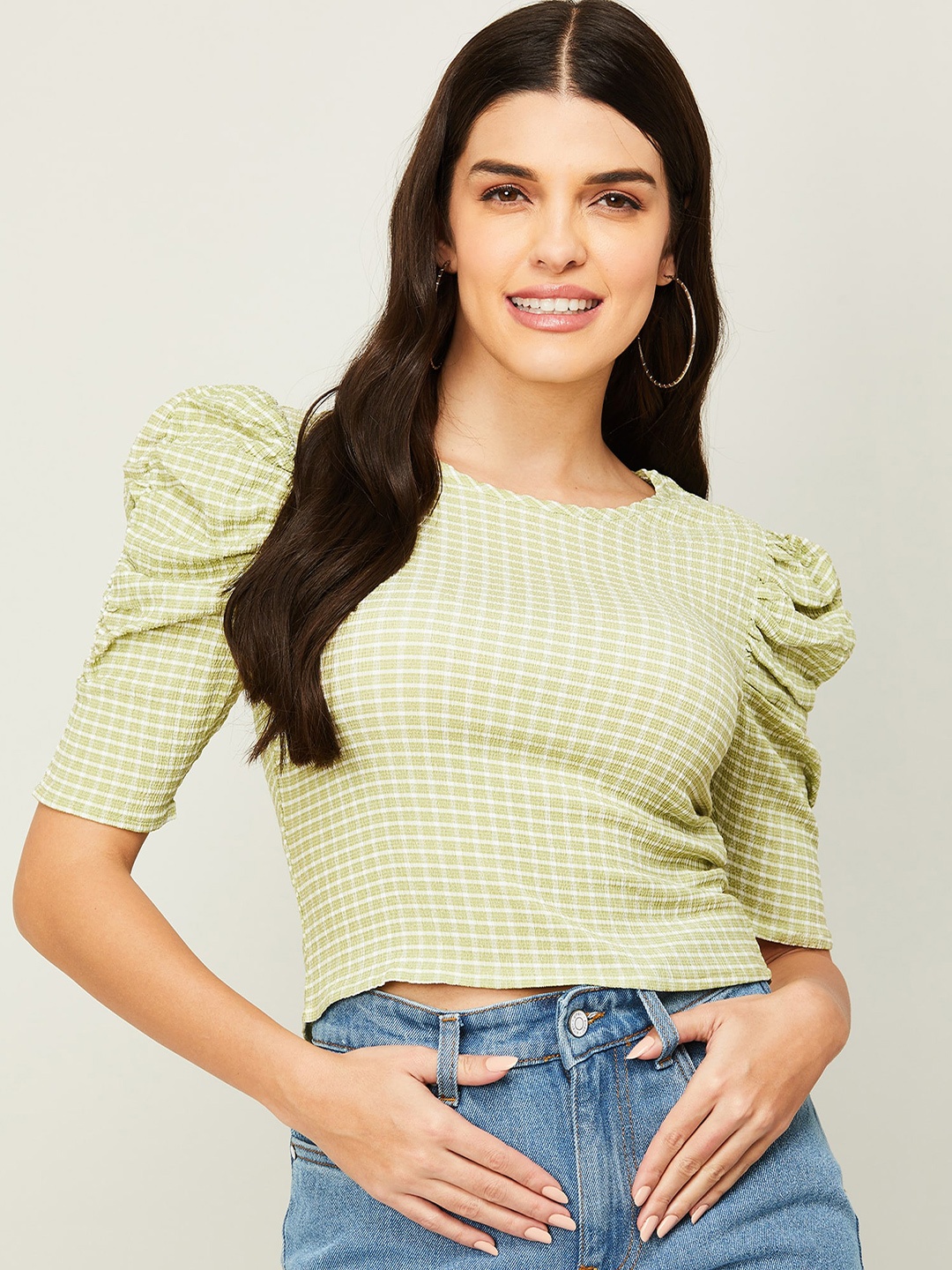 

Ginger by Lifestyle Checked Puff Sleeves Fitted Crop Top, Green