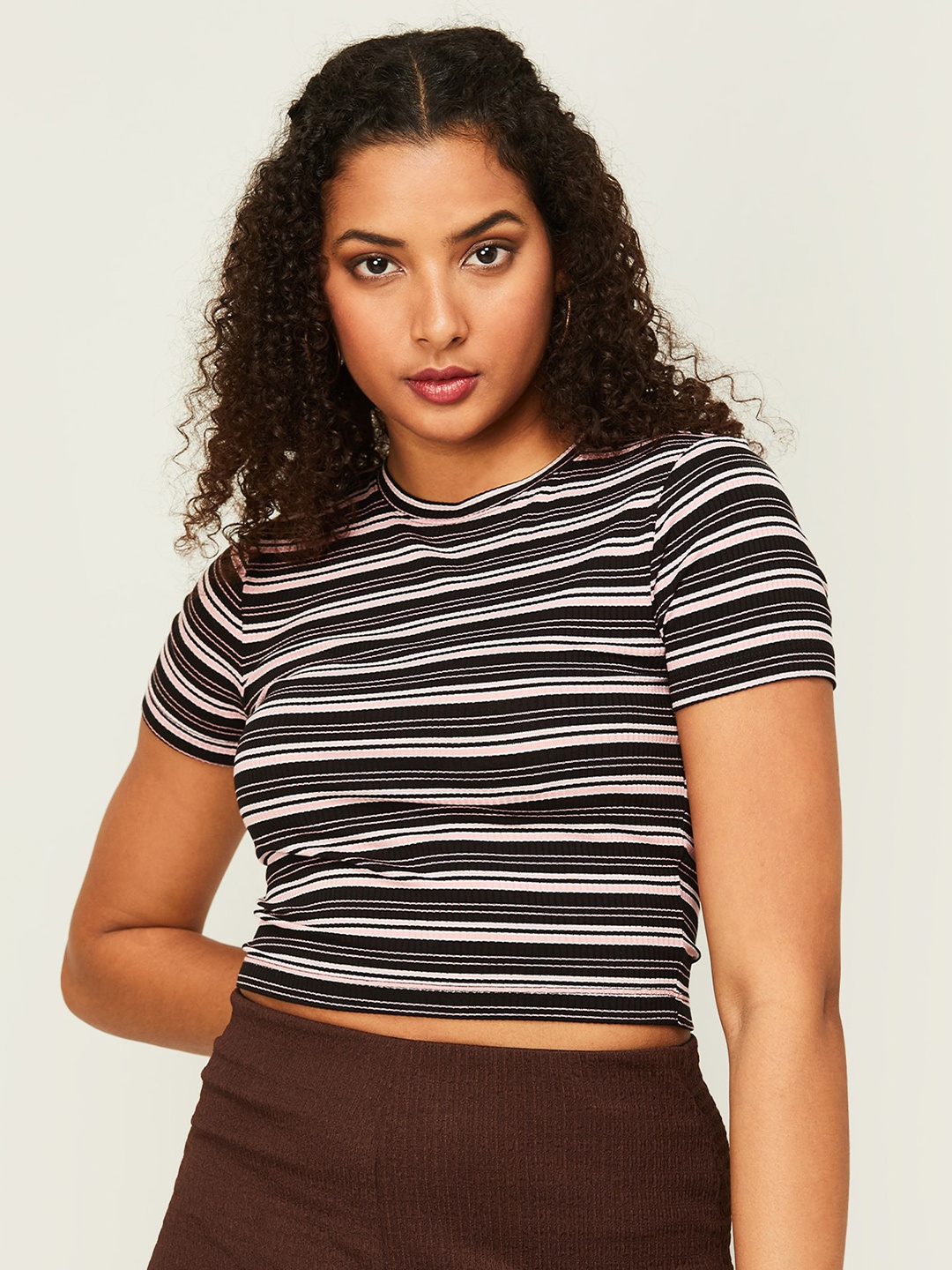 

Ginger by Lifestyle Striped Fitted Crop Top, Black