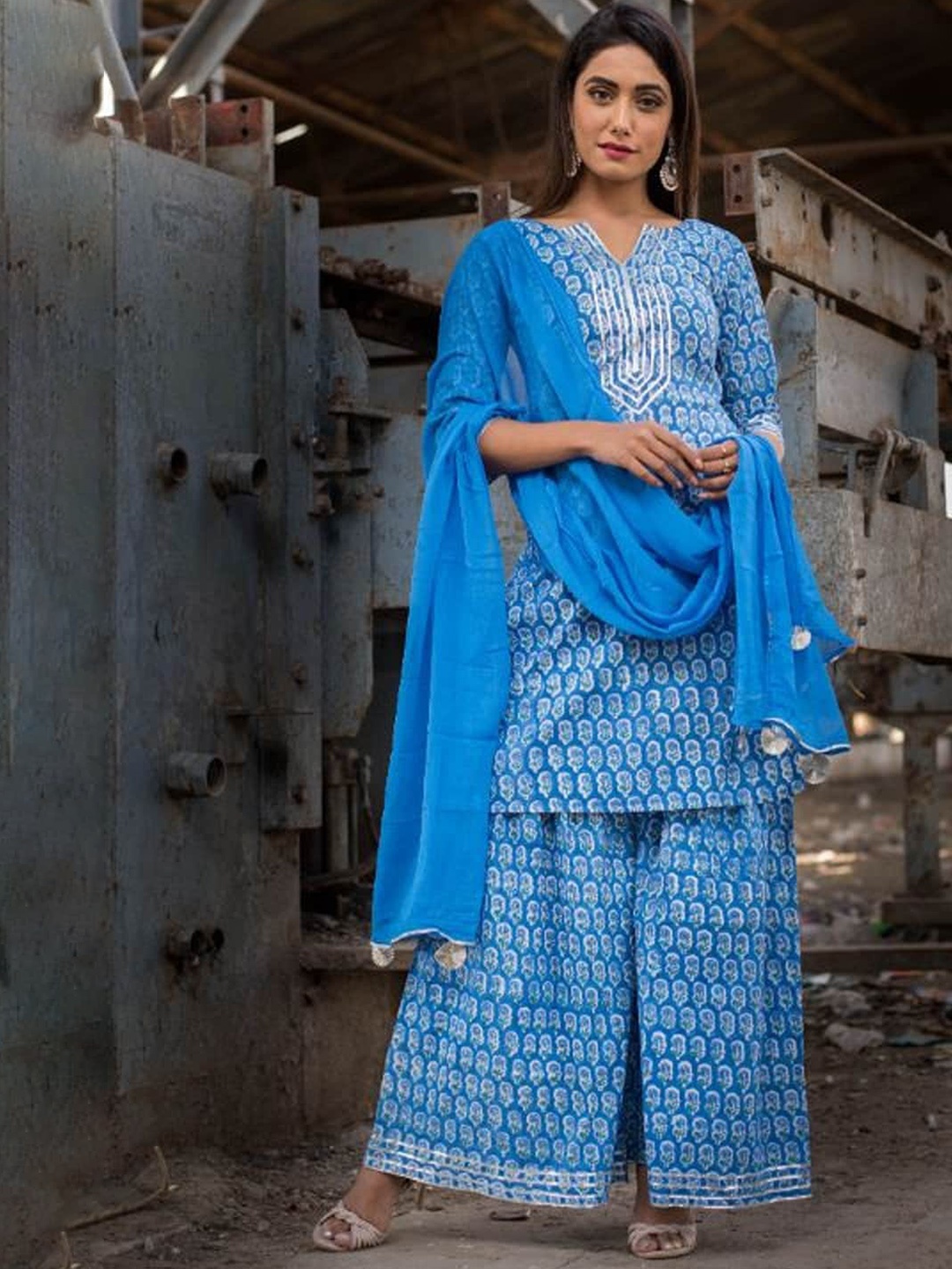 

Rangpur Women Printed Pure Cotton Kurta with Sharara & Dupatta, Blue