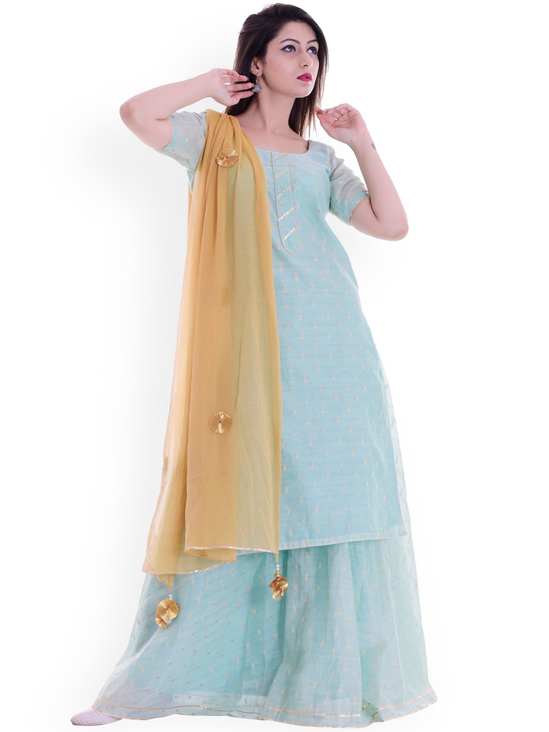 

Rangpur Women Woven Design Chanderi Silk Kurta with Skirt & Dupatta, Blue