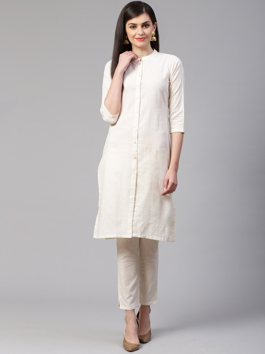 

Jompers Pure Cotton Band Collar Straight Kurta with Trousers, Off white