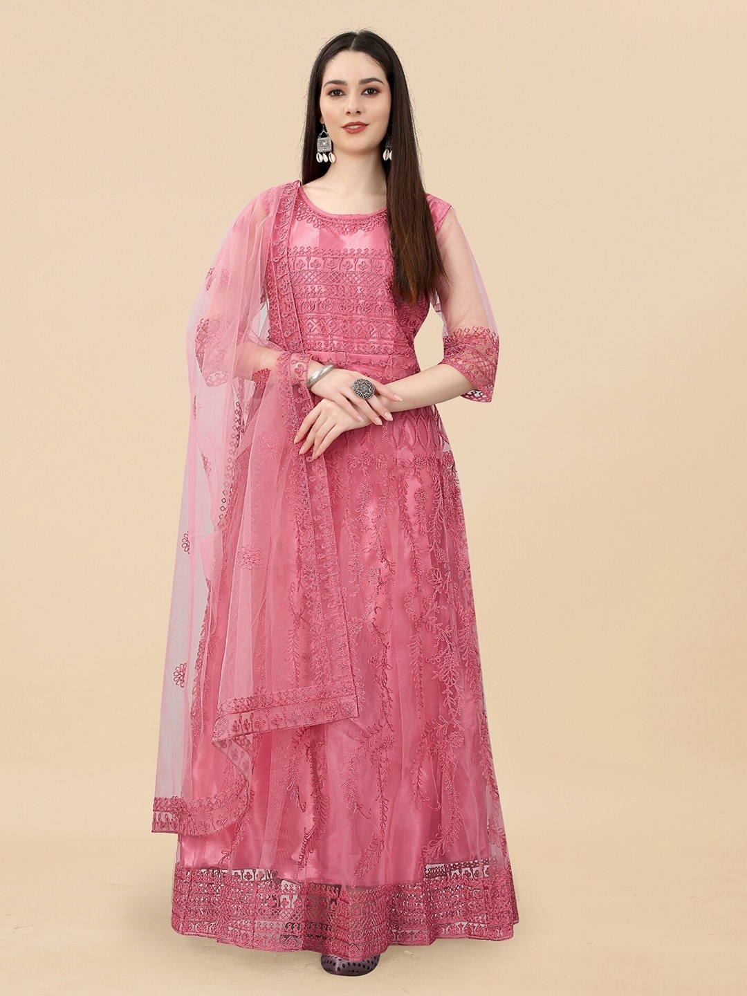 

APNISHA Ethnic Motifs Embroidered Semi-Stitched Gown Dress, Peach