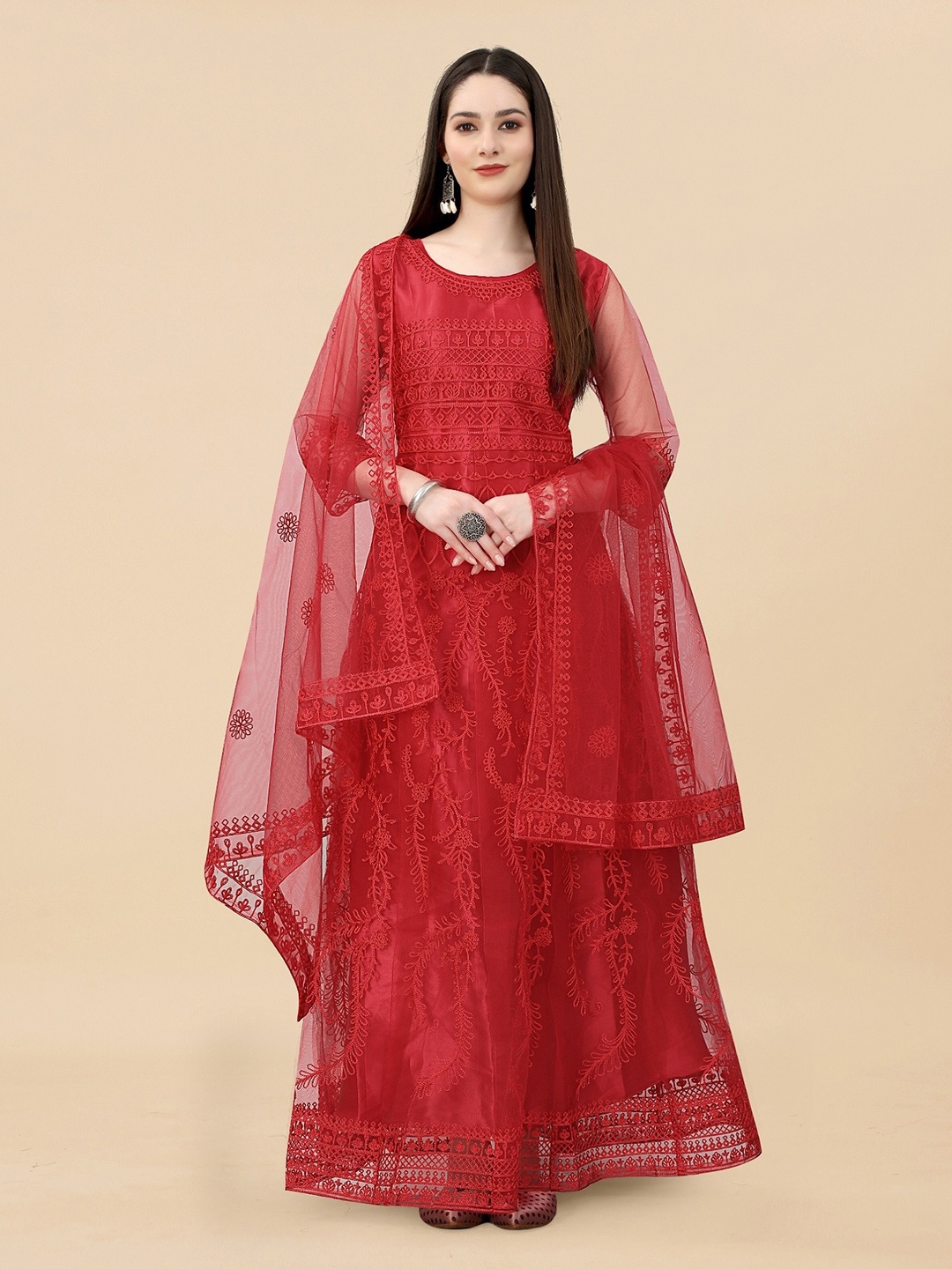 

APNISHA Ethnic Motifs Embroidered Semi-Stitched Gown Dress, Maroon