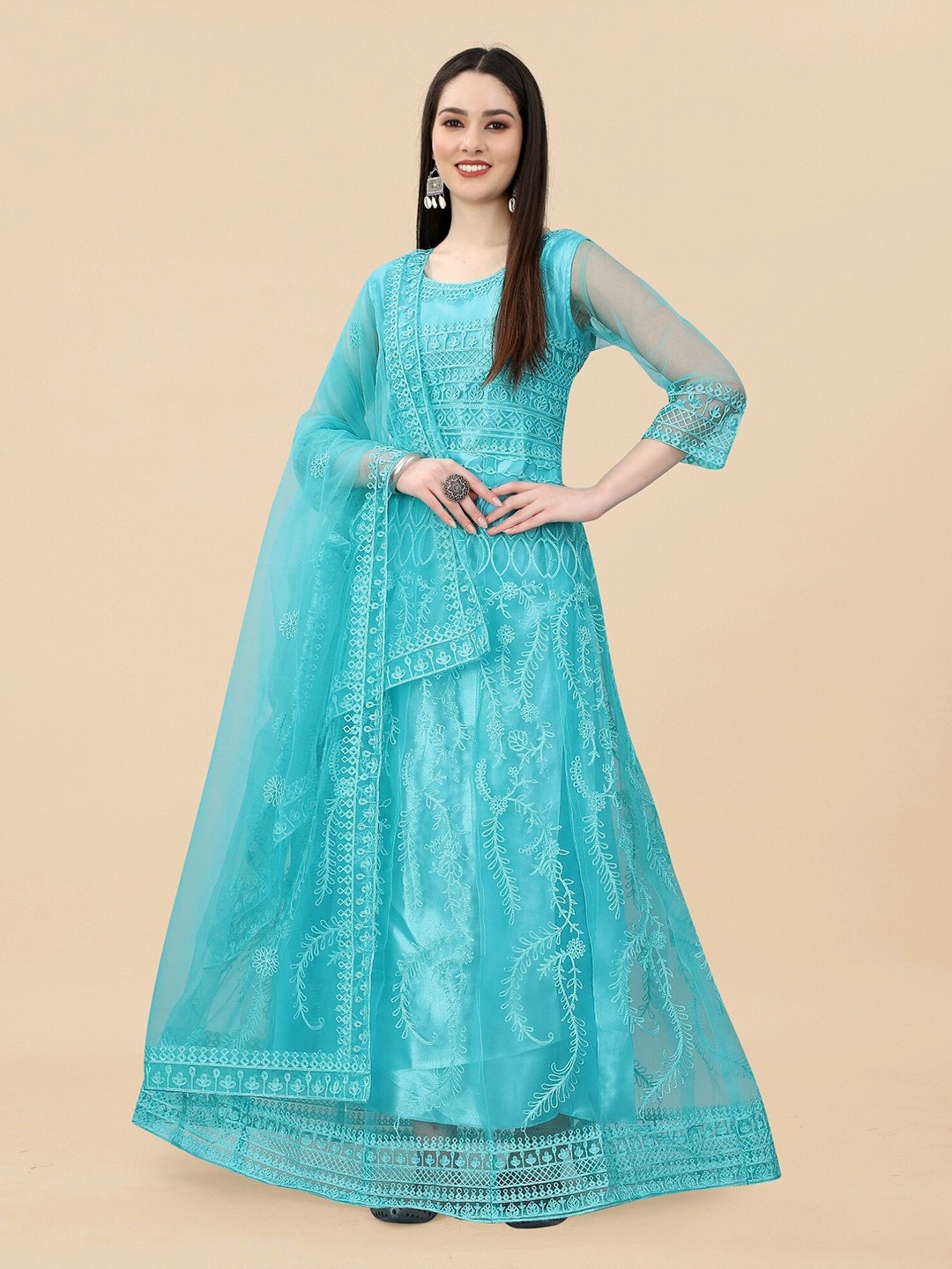 

APNISHA Ethnic Motifs Embroidered Semi-Stitched Gown Dress, Multi