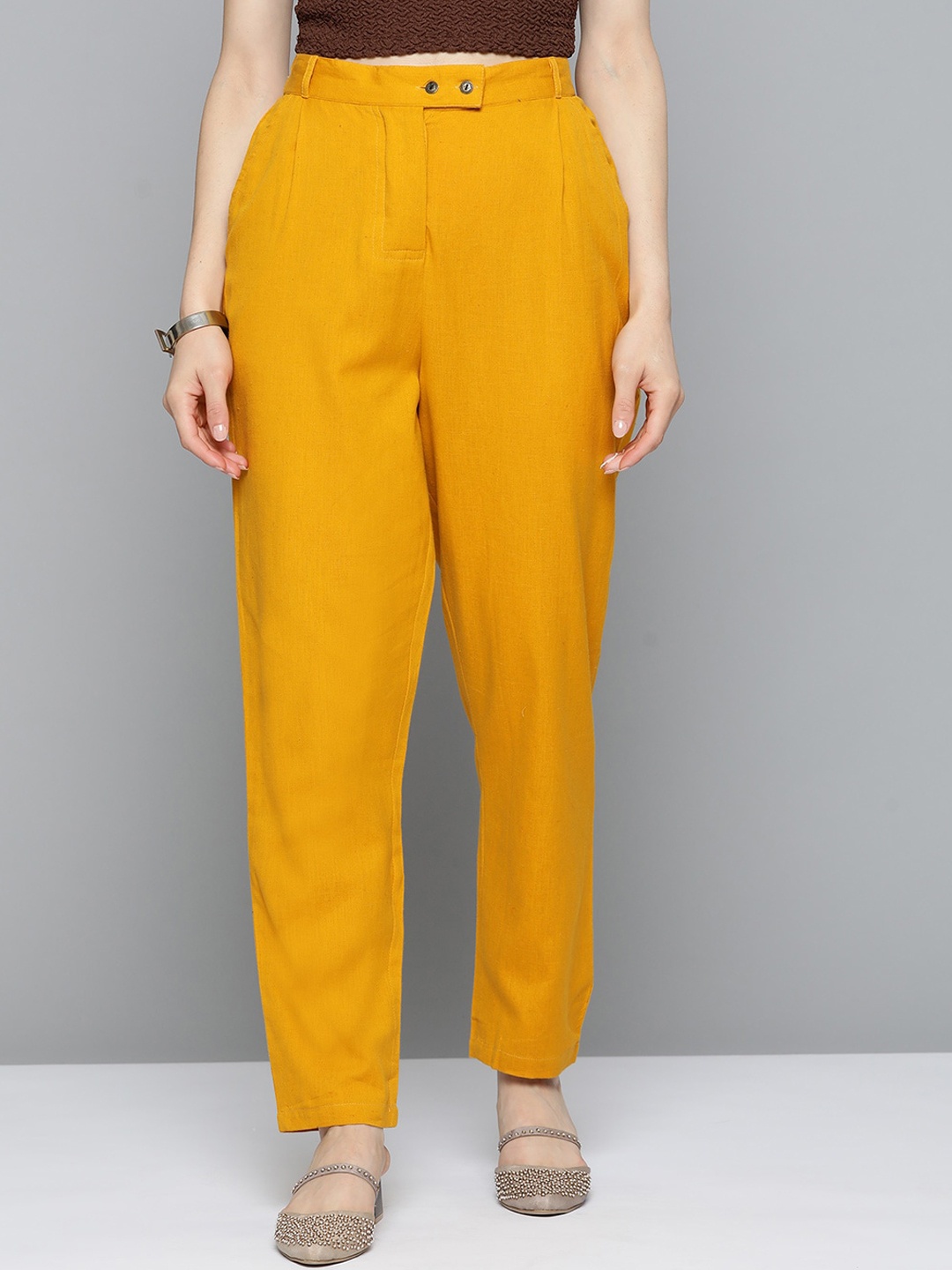 

MALHAAR Women Straight Fit Cotton Trousers, Mustard