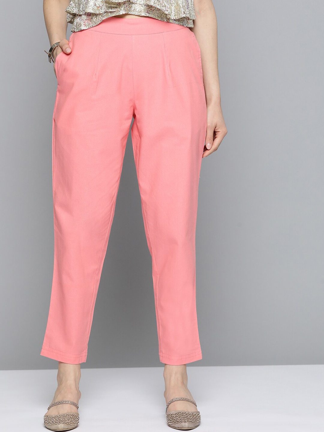 

MALHAAR Women Cotton Casual Trousers, Pink