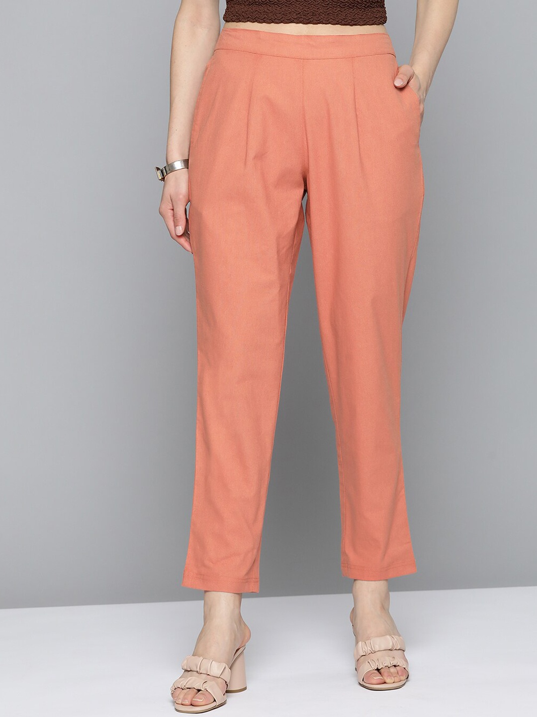 

MALHAAR Women Cotton Casual Trousers, Orange