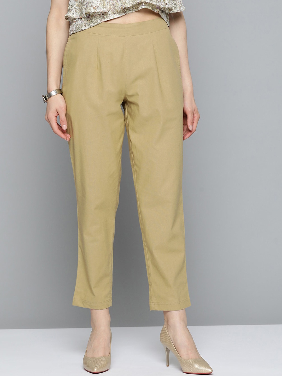 

MALHAAR Women Straight Fit Cotton Trousers, Khaki