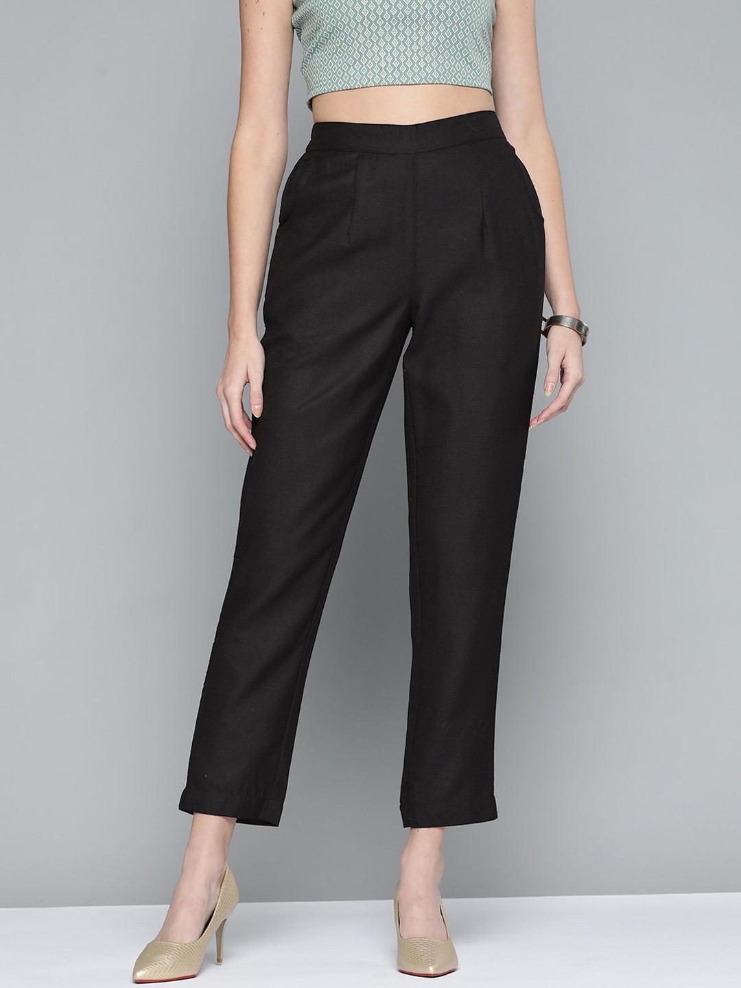 

MALHAAR Cotton Regular Fit Pleated Trousers, Black
