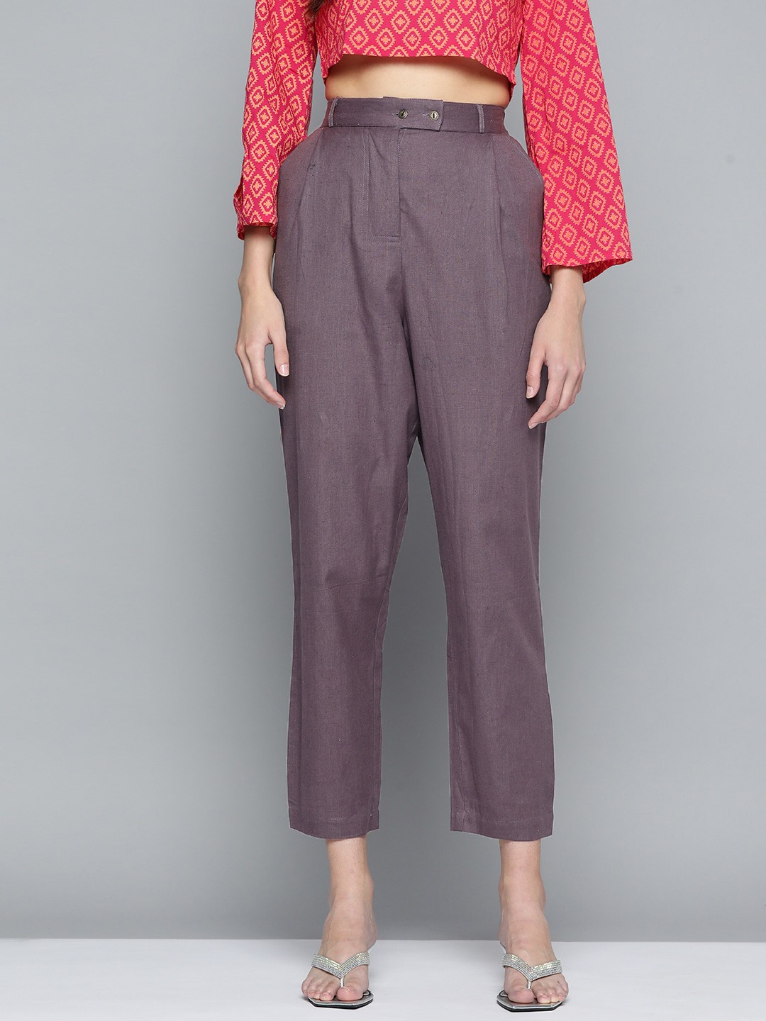 

MALHAAR Women Mid Rise Cotton Pleated Straight Fit Trousers, Purple