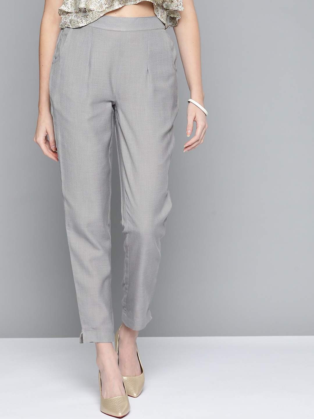 

MALHAAR Women Mid Rise Pleated Cotton Straight Fit Trousers, Grey