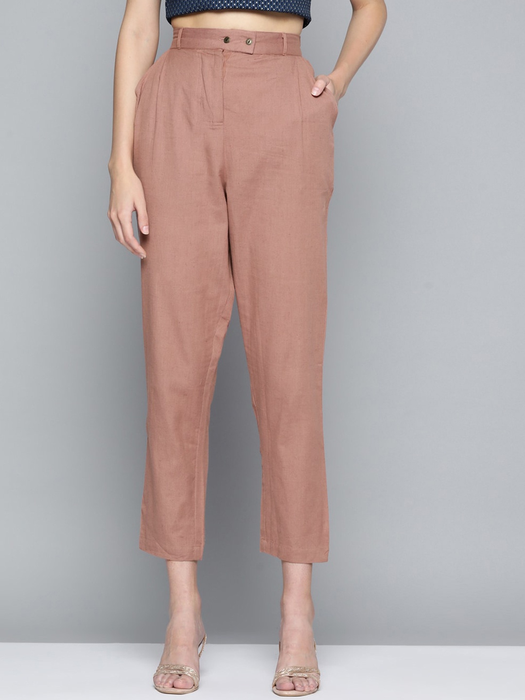 

MALHAAR Women Mid-Rise Pleated Cotton Trousers, Peach