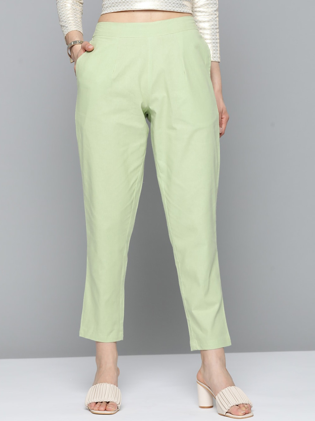 

MALHAAR Women Mid-Rise Cotton Trousers, Lime green