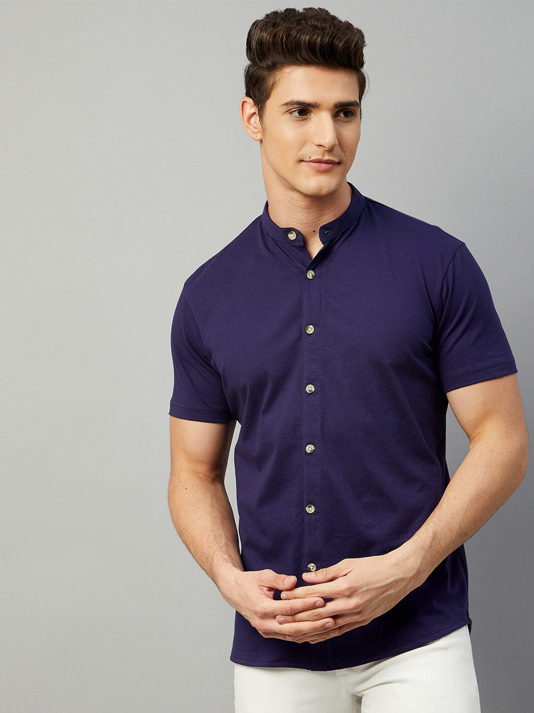 

GRITSTONES Mandarin Collar Comfort Casual Cotton Shirt, Navy blue